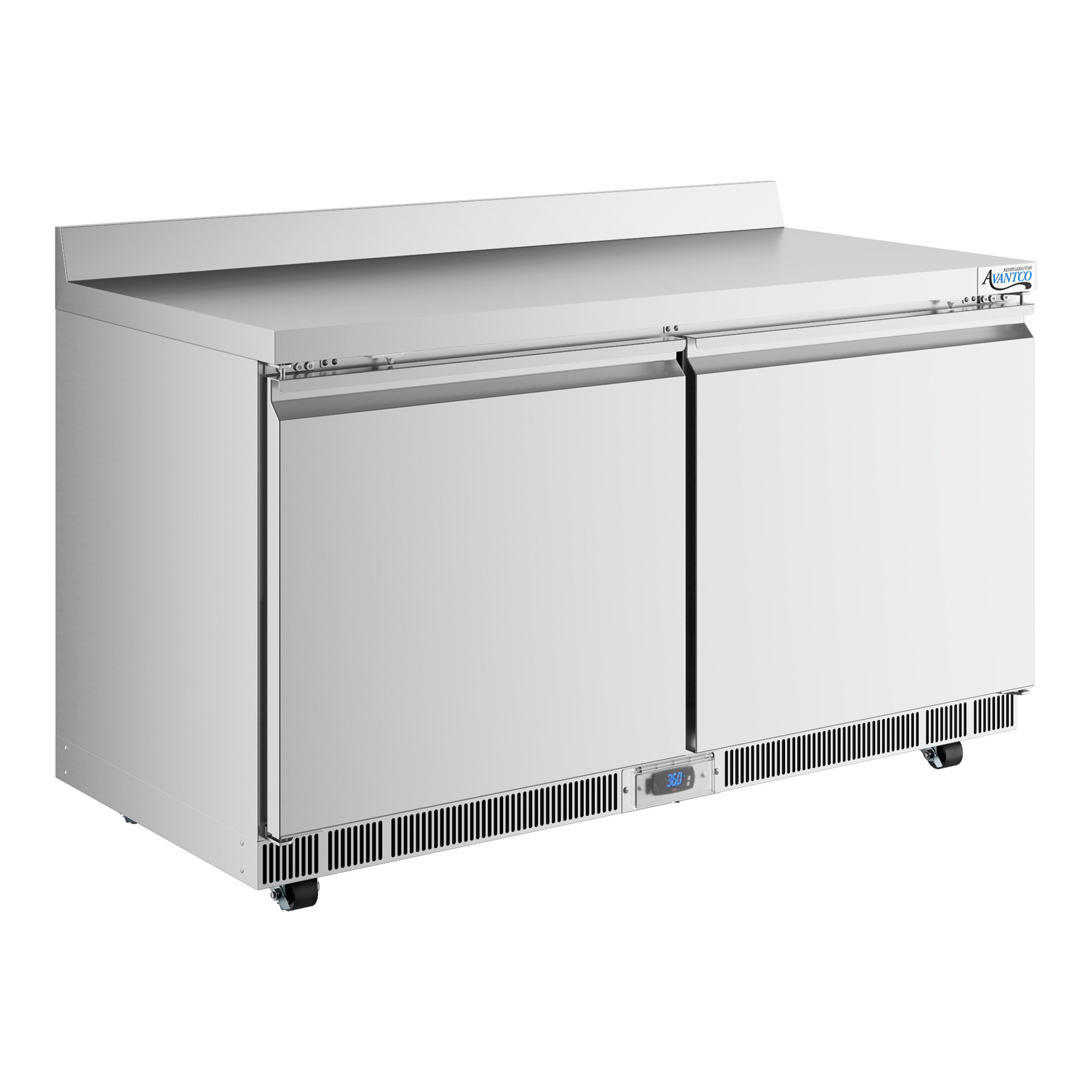 A stainless steel 60-inch worktop refrigerator with two doors and a 3 1/2-inch backsplash.