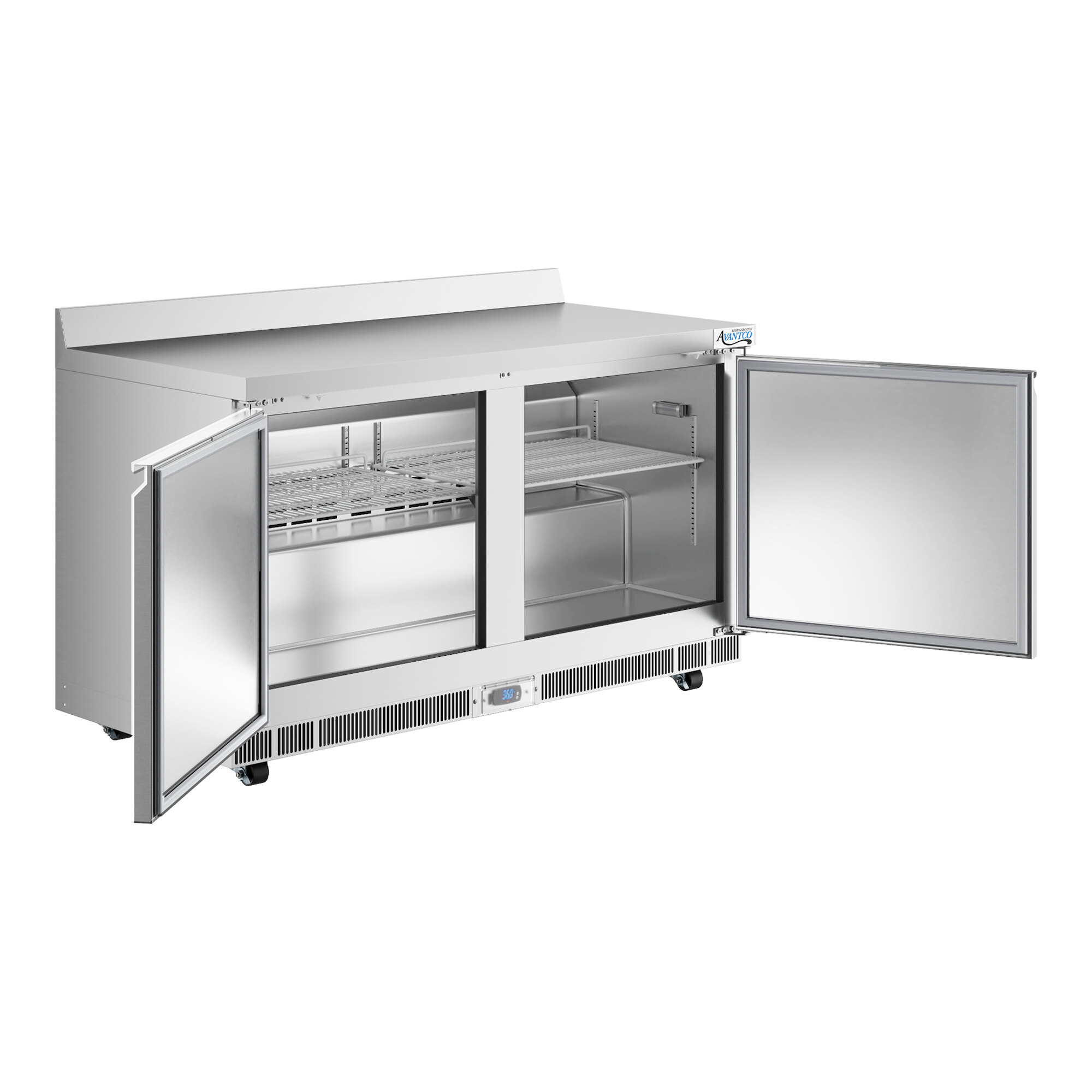 A stainless steel worktop refrigerator with two open doors and a 3 1/2 inch backsplash.