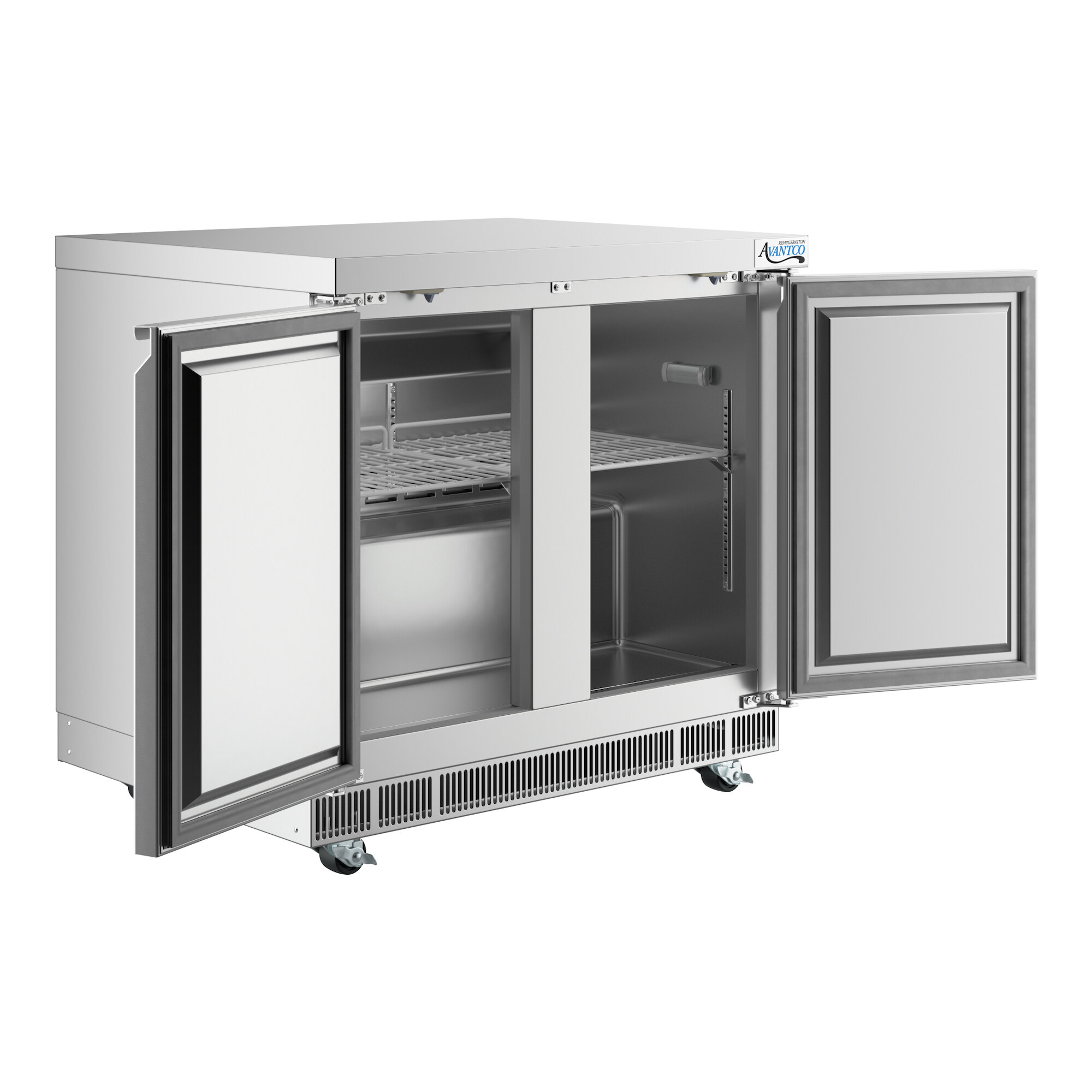 A stainless steel undercounter freezer with two open doors and interior shelving.