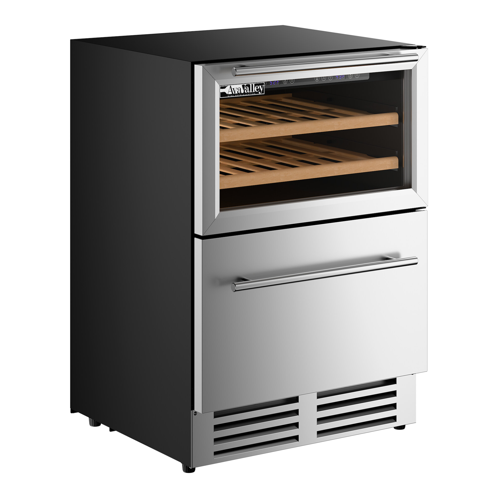 A stainless steel dual temperature beverage cooler with a glass door, wooden shelves, and a bottom drawer.