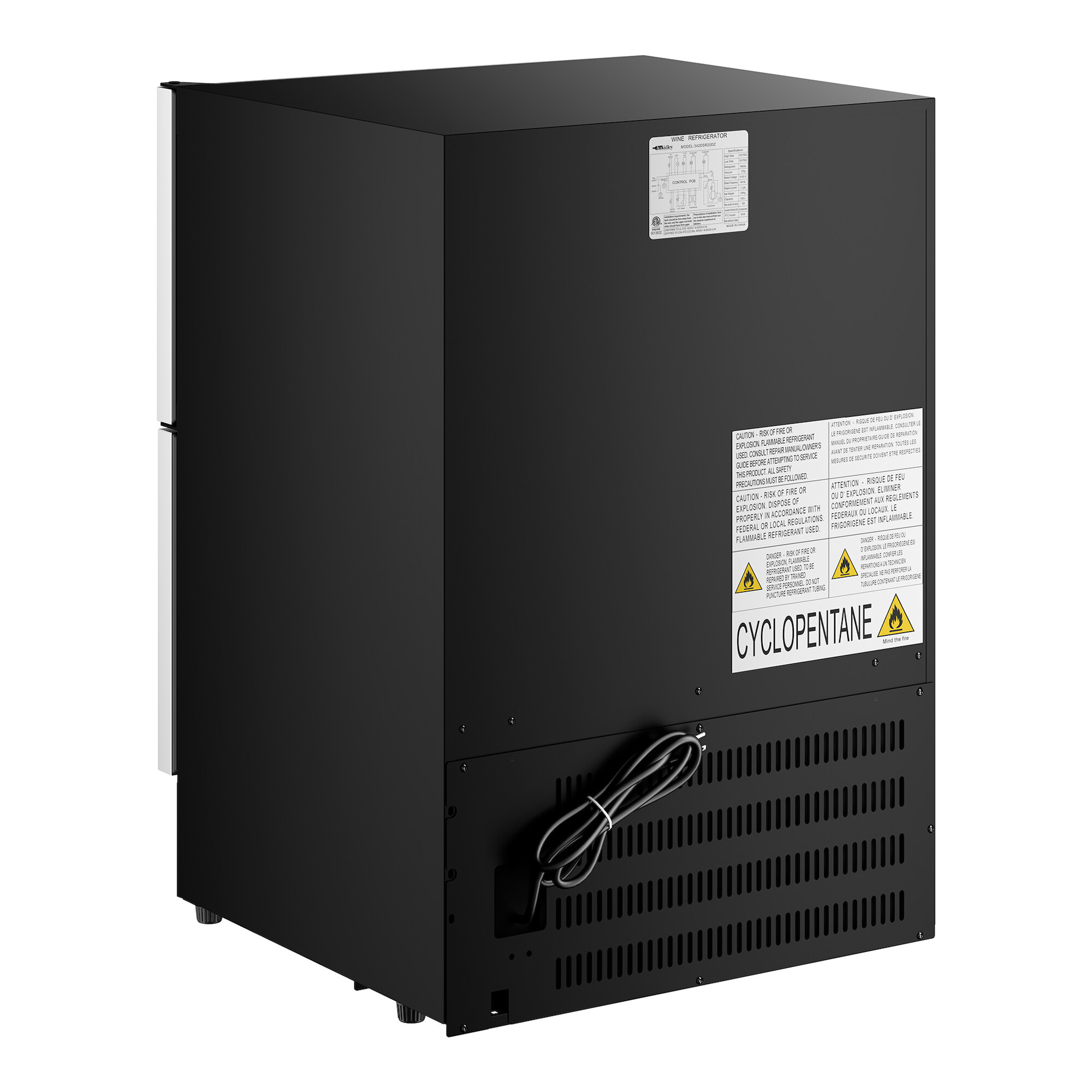 A black dual temperature beverage cooler with a top section and a bottom drawer, featuring warning labels and a power cord on the back.