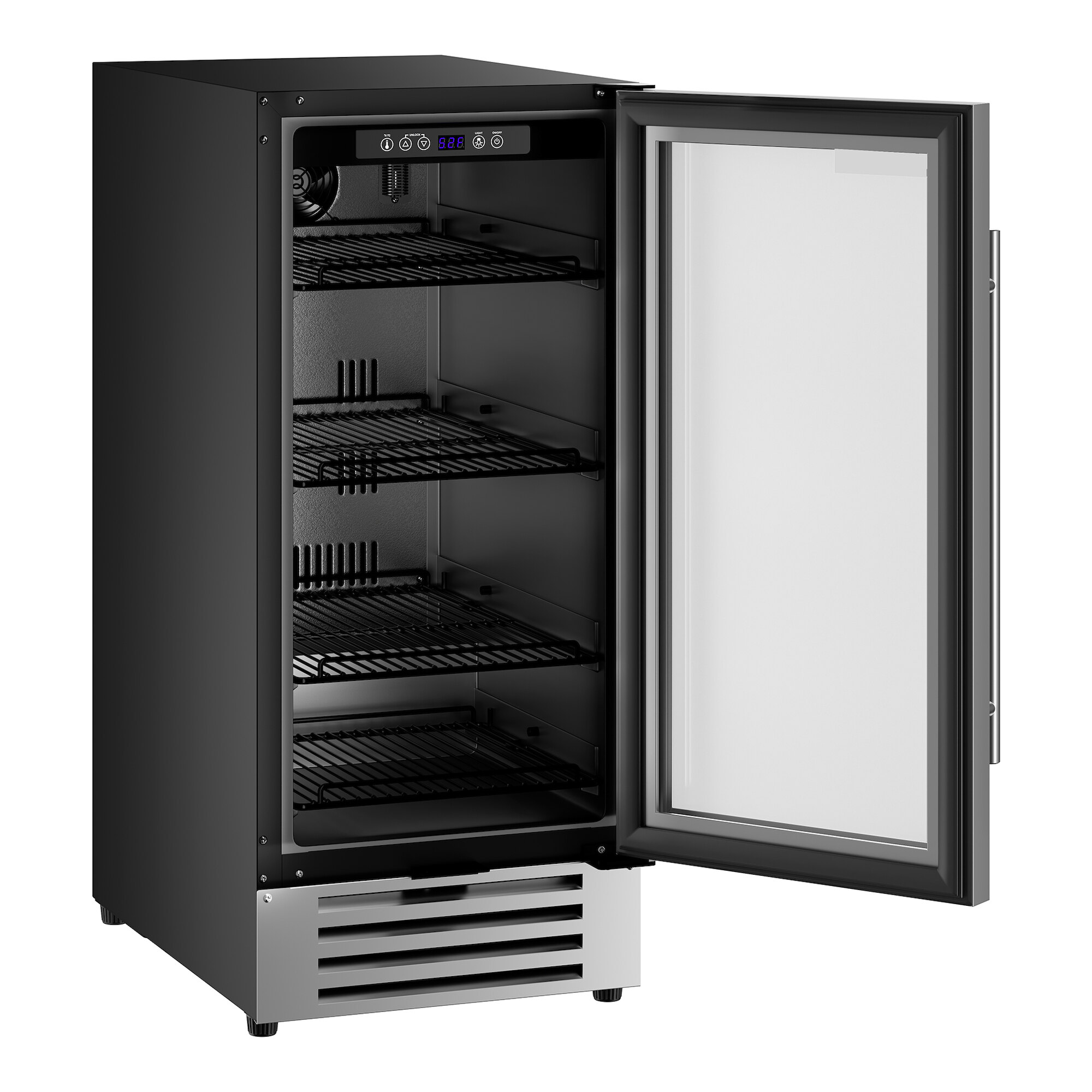 A slim, single temperature beverage cooler with a full glass door and multiple wire shelves.