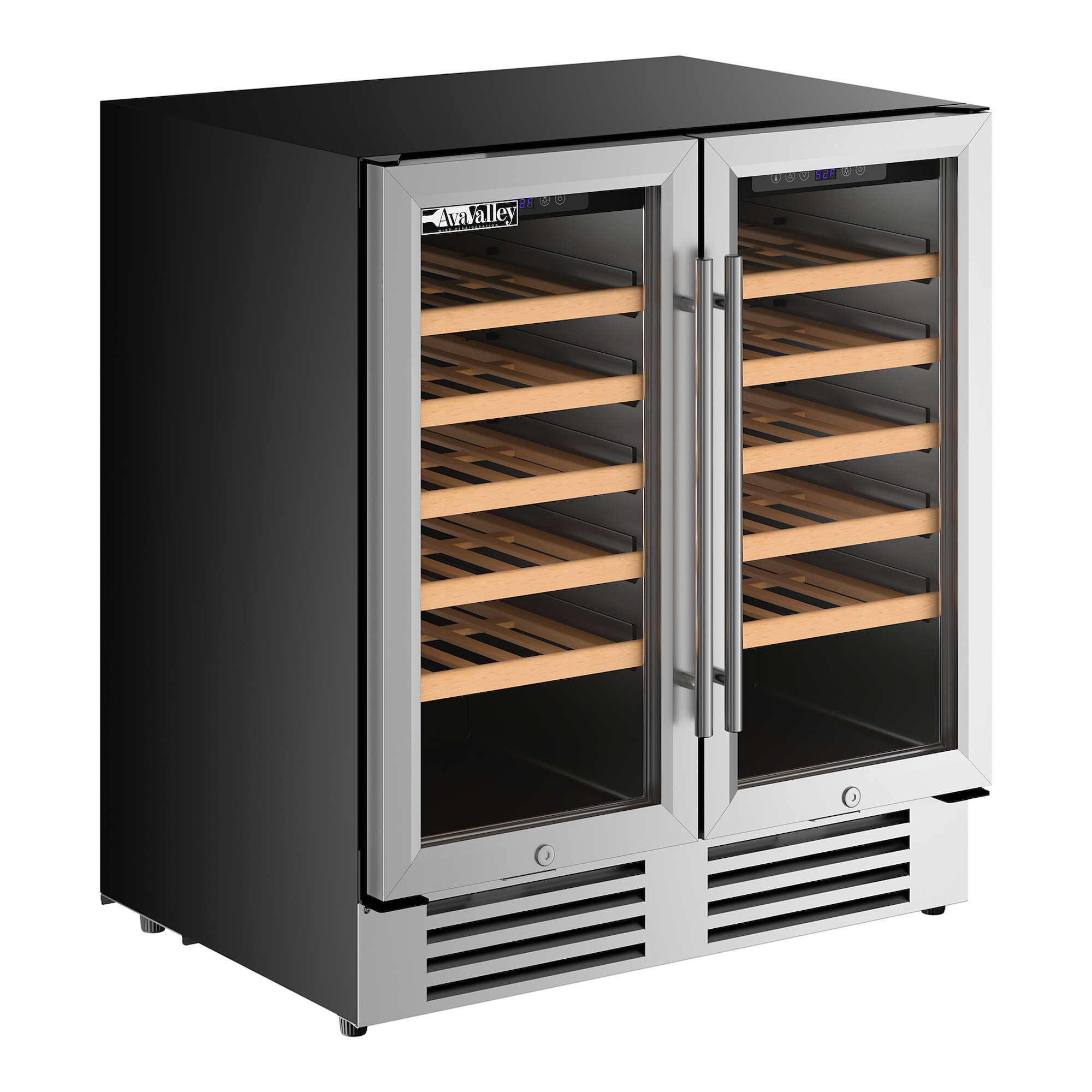 A dual section, dual temperature commercial wine cooler with full glass doors and wooden shelves.