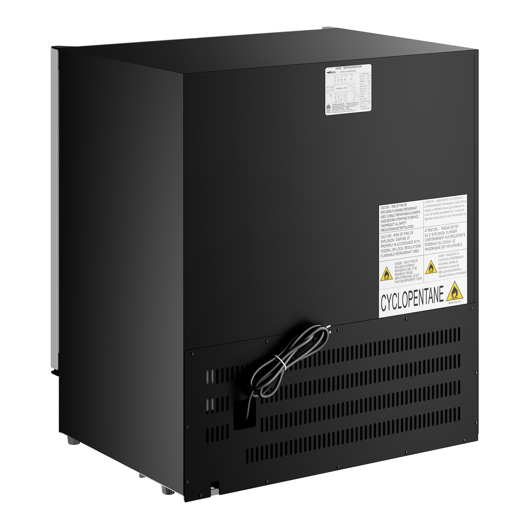 A black commercial wine cooler with a vented lower panel, warning labels, and a power cord attached to the back.