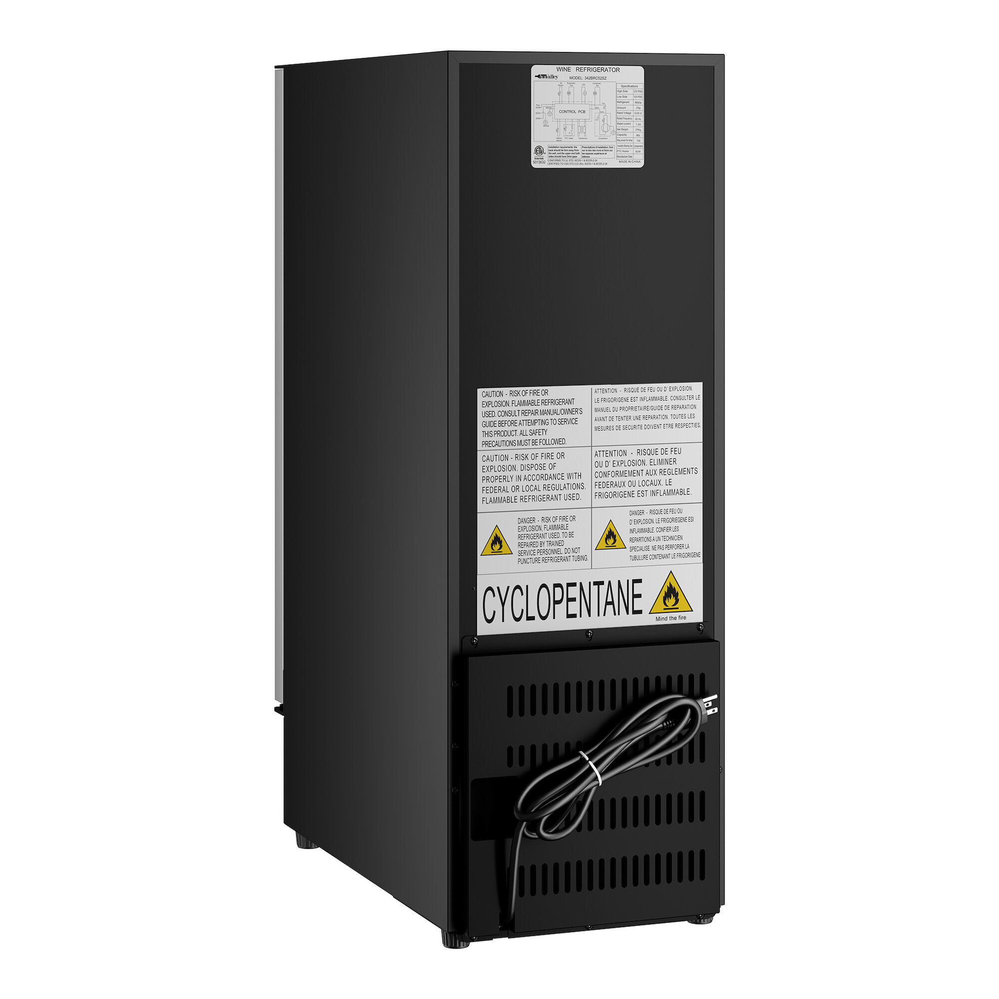 A slim, single temperature beverage cooler with a full glass door and visible safety and chemical labels on the back.