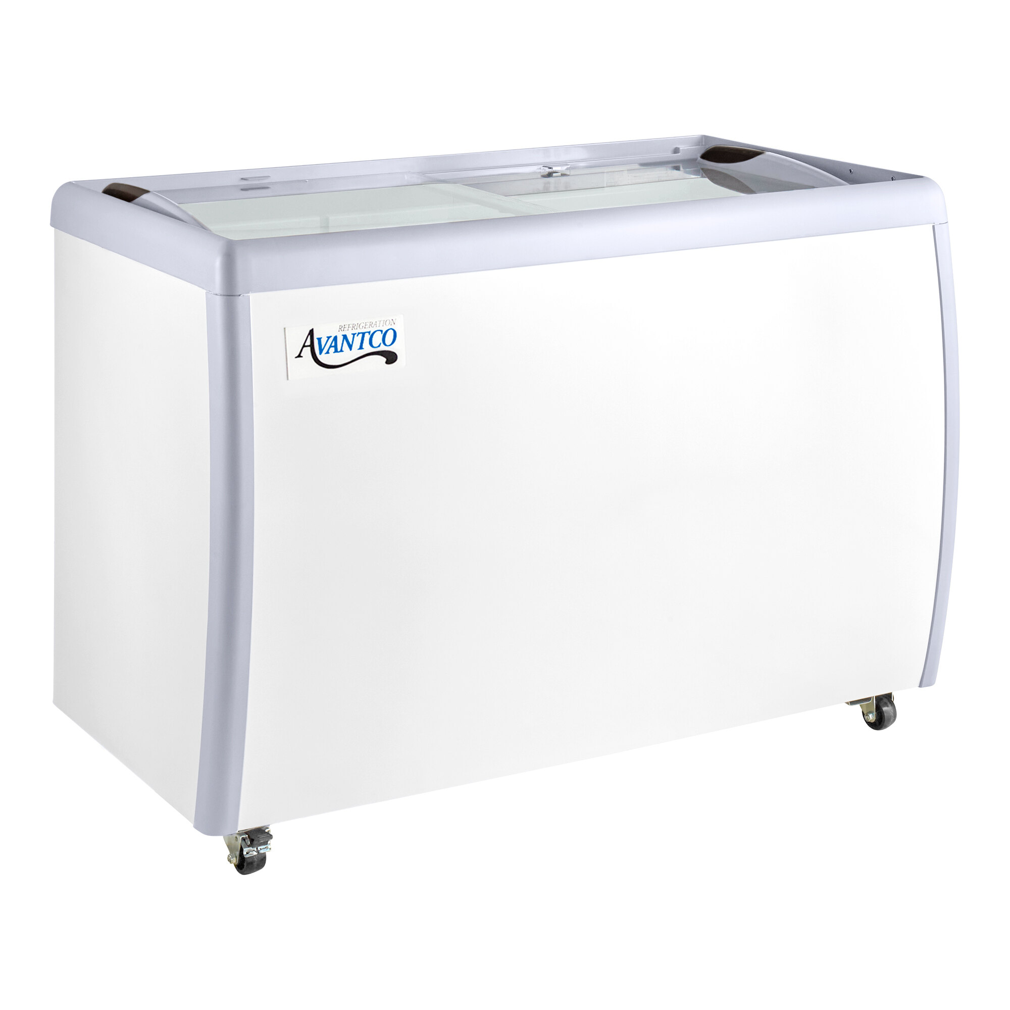 An Avantco gelato dipping cabinet with a white door and glass top.