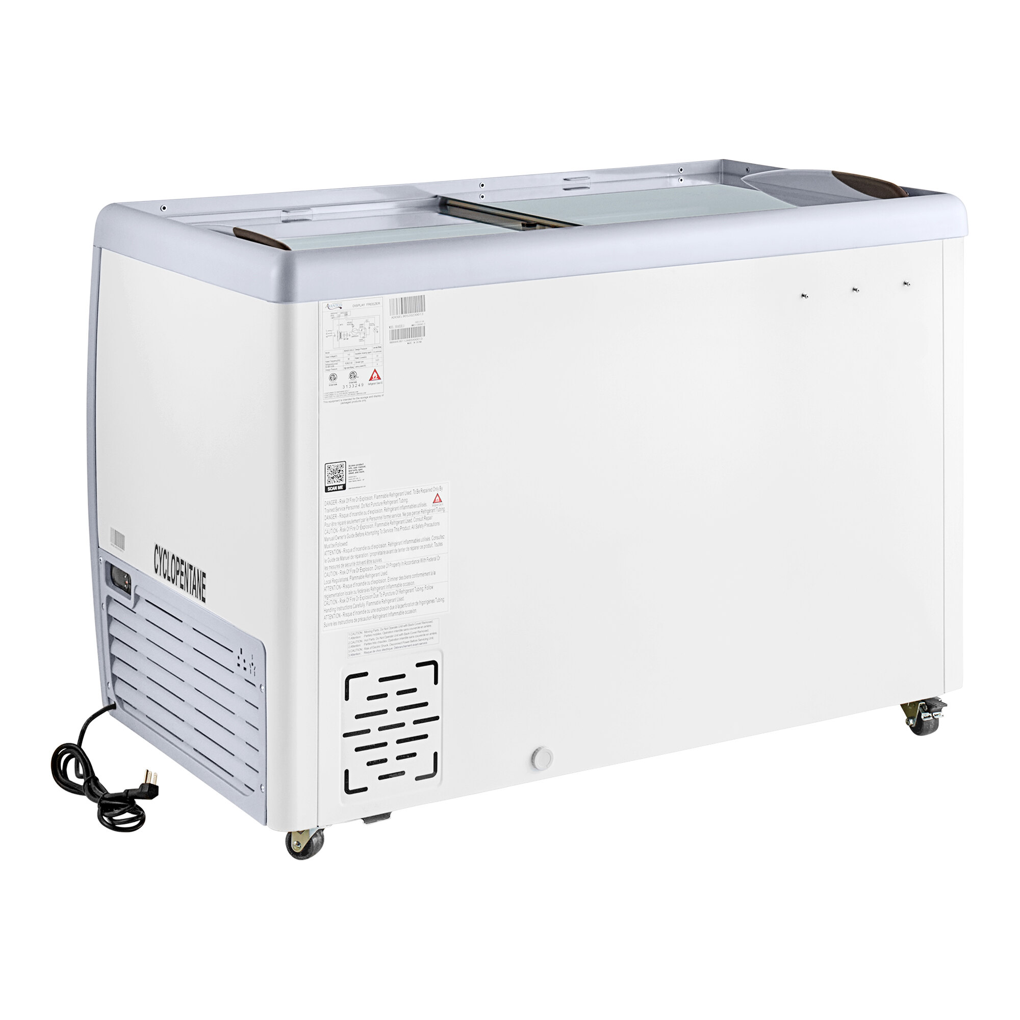 An Avantco white rectangular gelato dipping cabinet with wheels and a black lid.