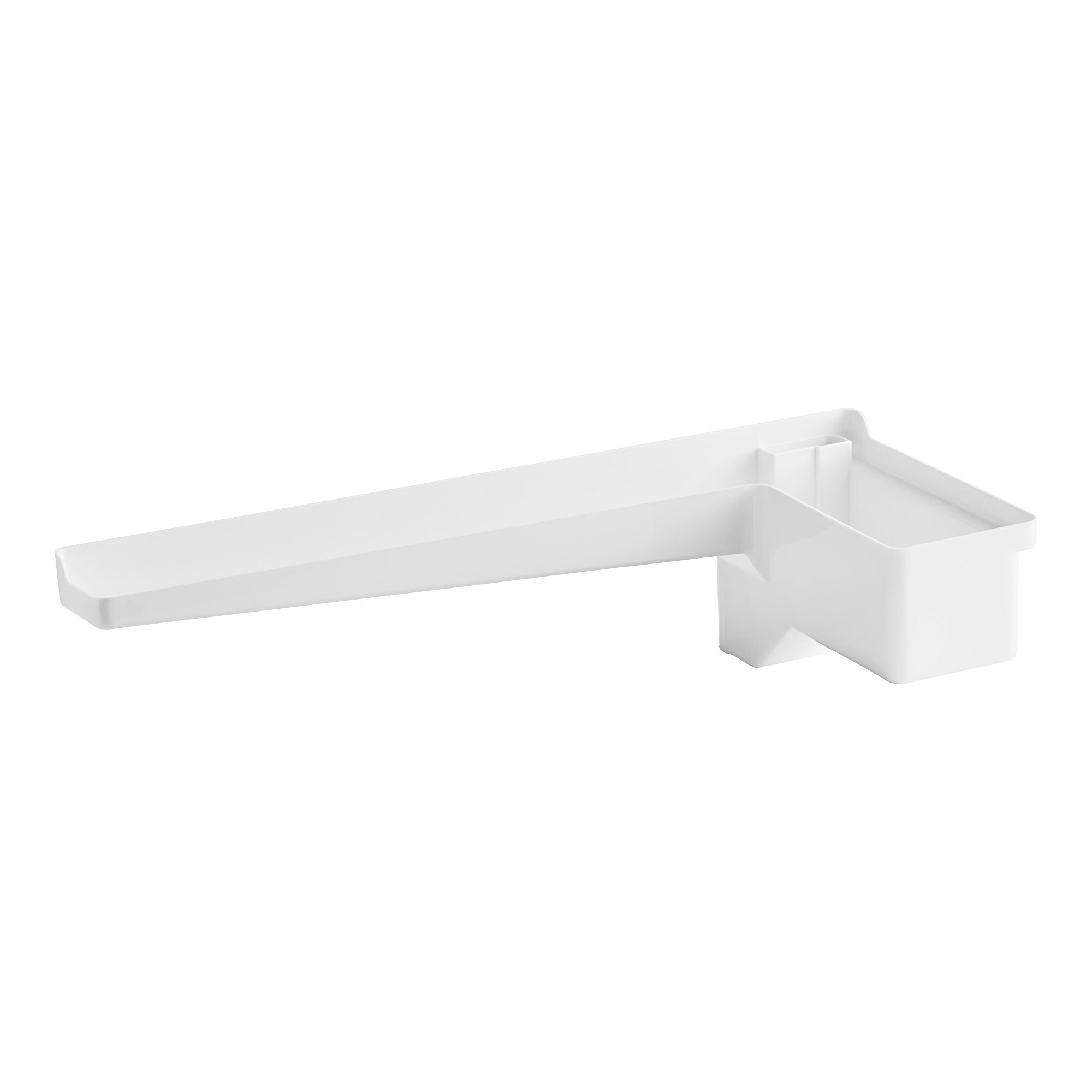 A white rectangular water trough with a long handle.