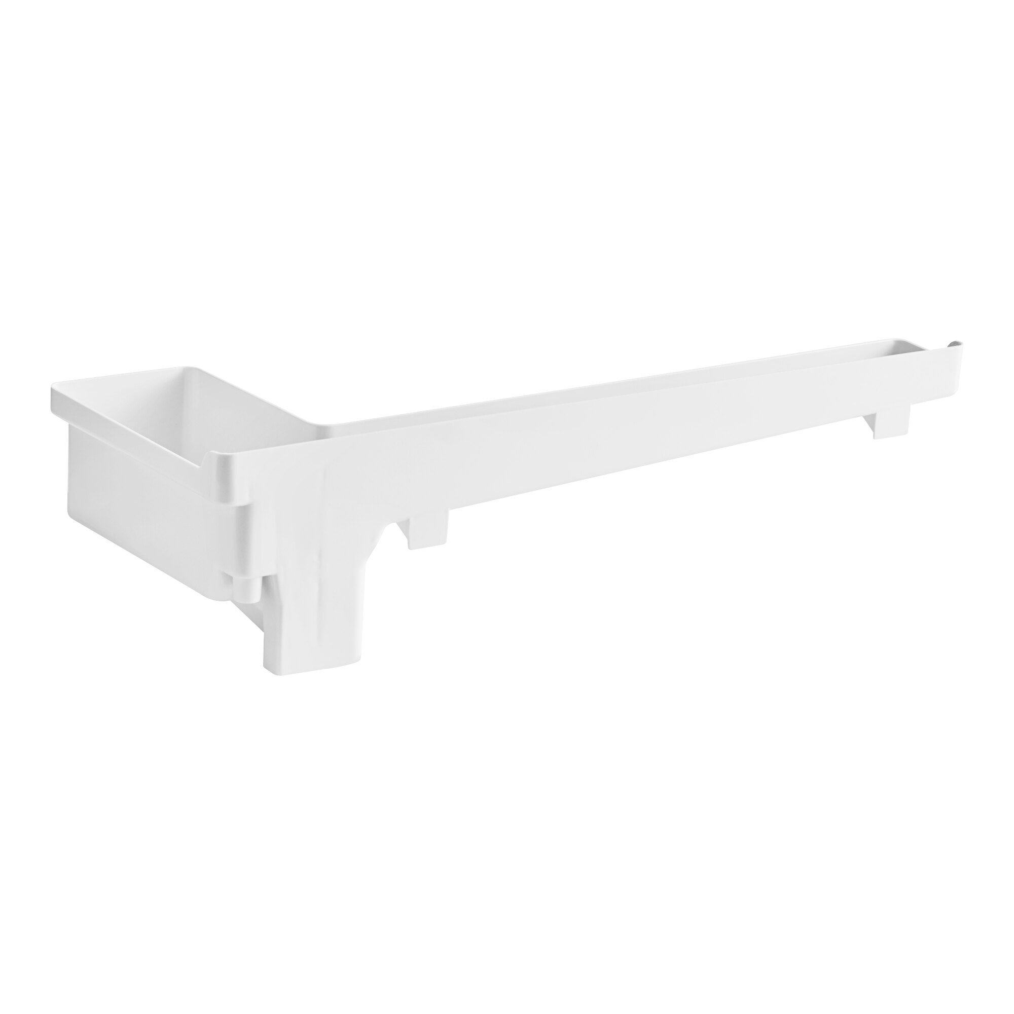 A white plastic water trough shelf with a long handle.