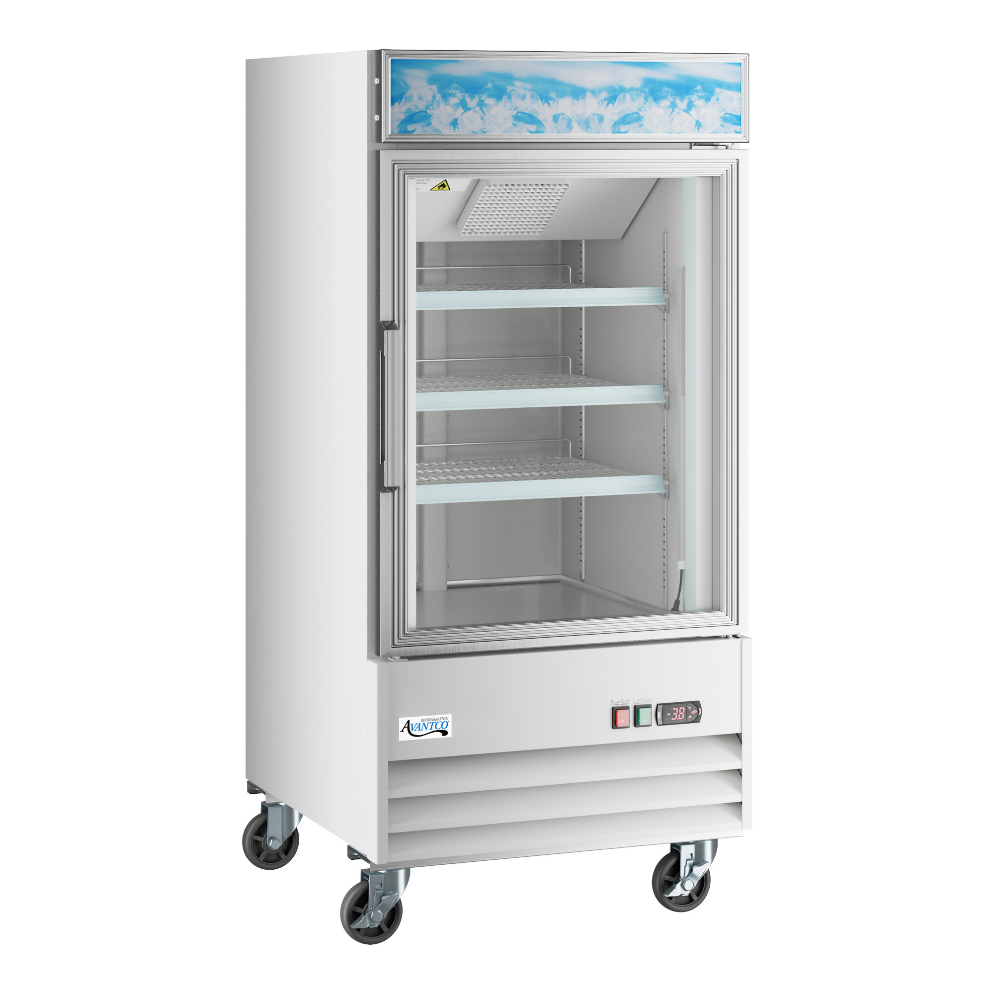 A white glass door merchandiser freezer with LED lighting and adjustable shelves on caster wheels.