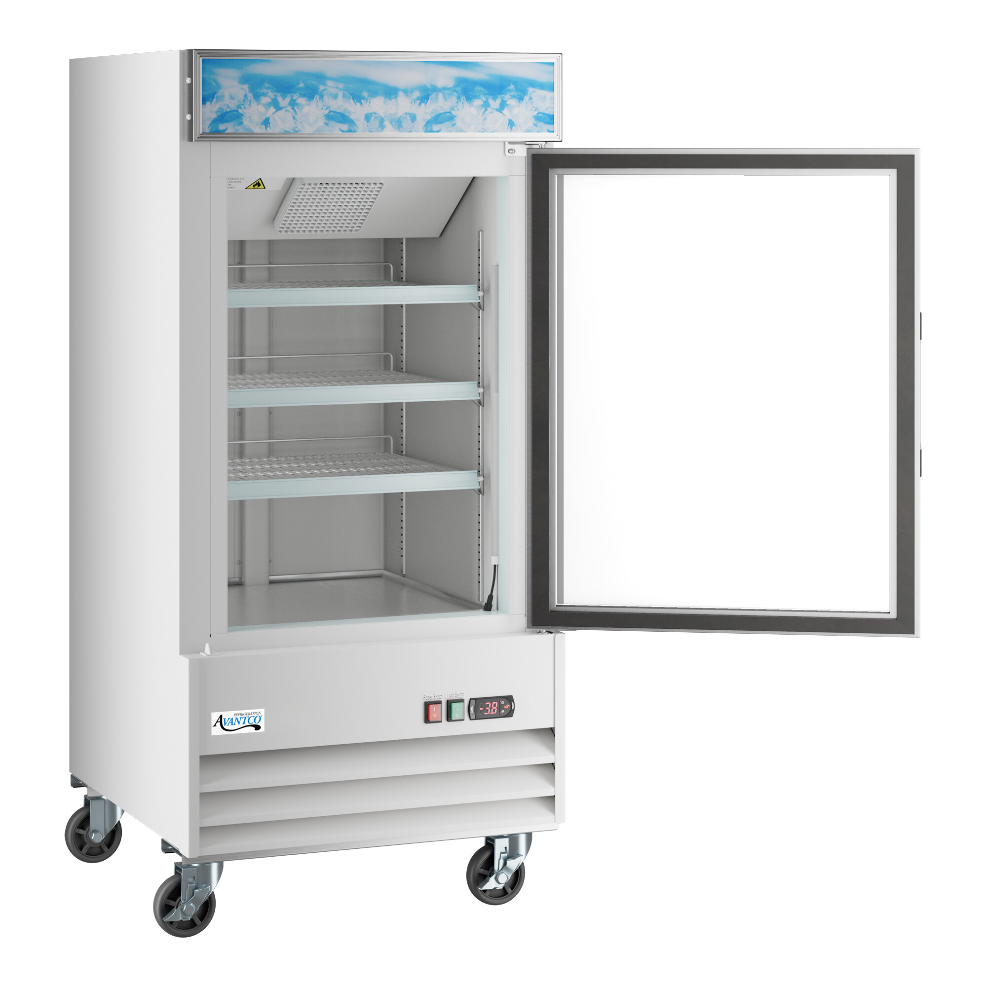 A white glass door merchandiser freezer with LED lighting and adjustable shelves.