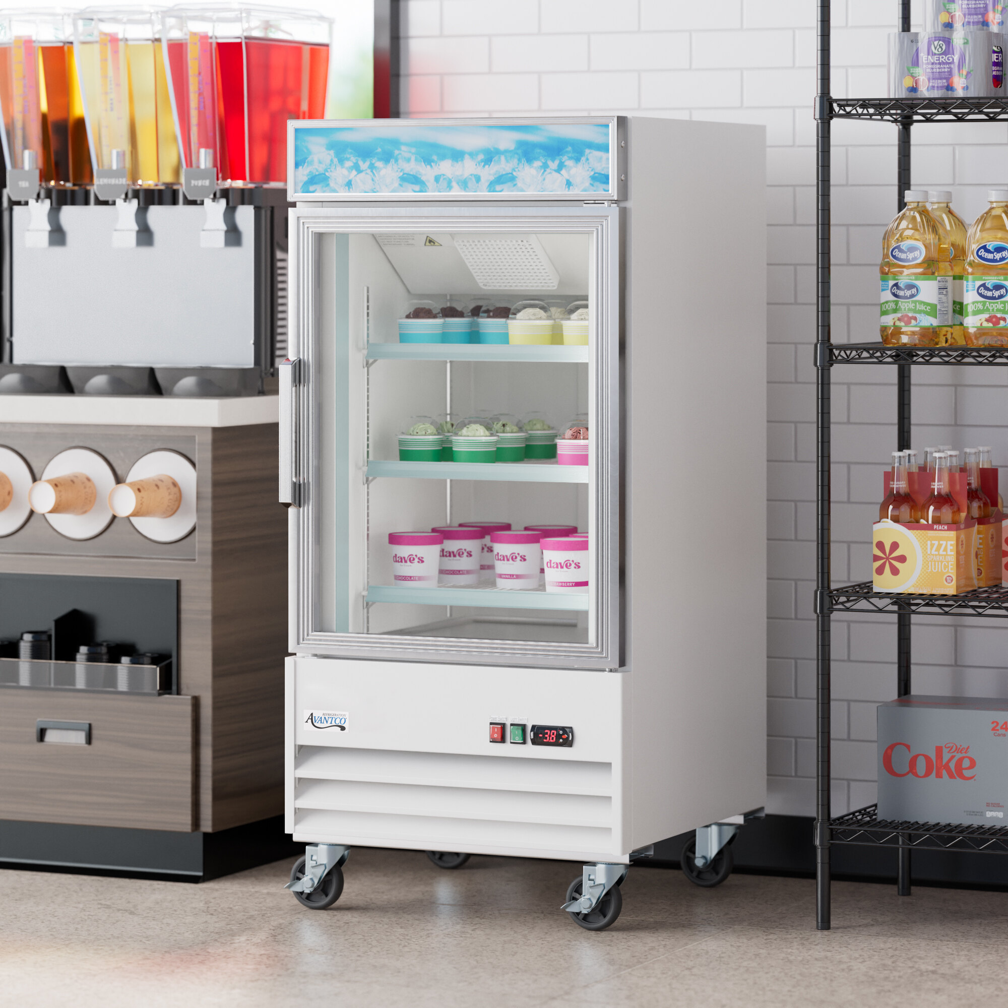 A white swing glass door merchandiser freezer with LED lighting and customizable signage, designed for displaying frozen products.