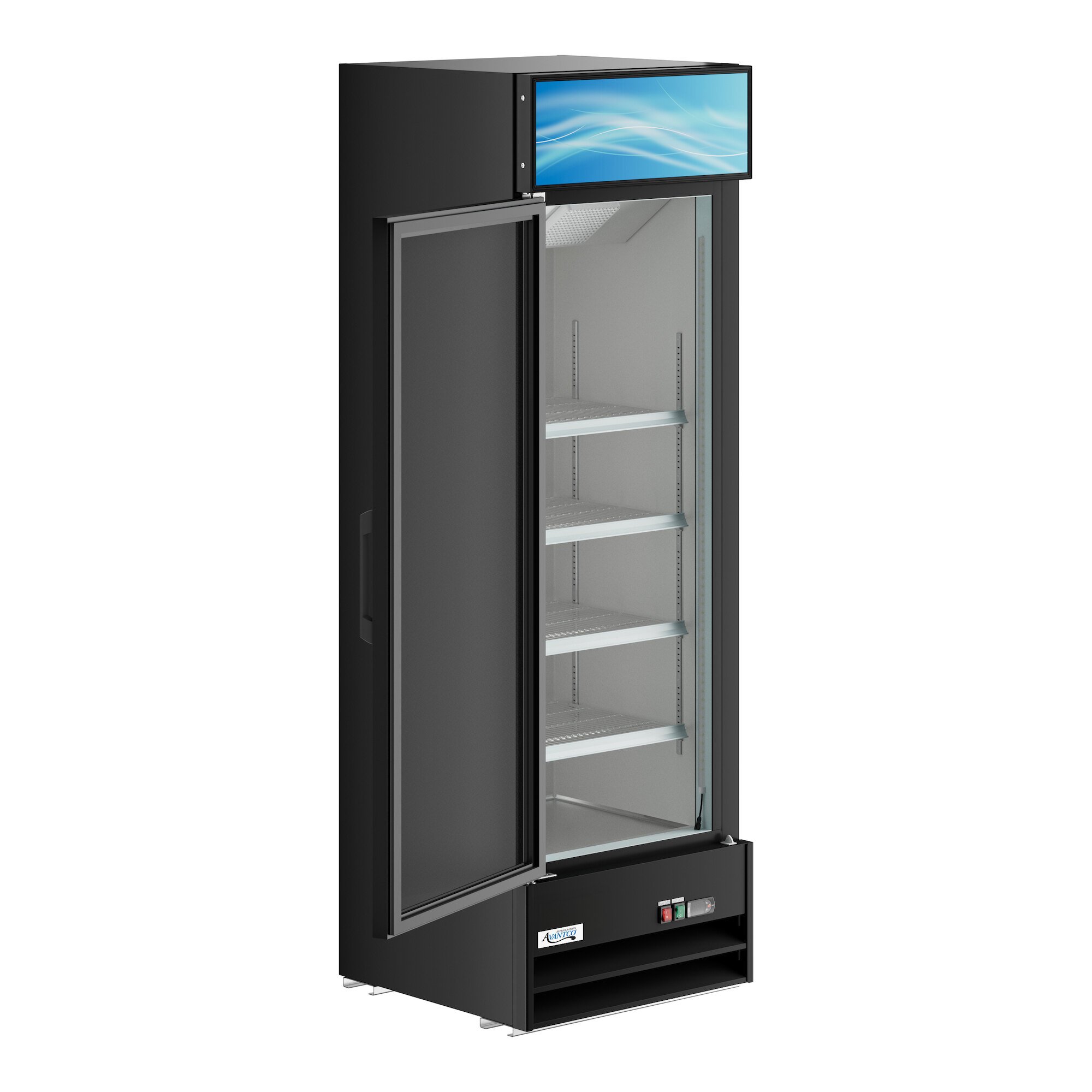 A black left-hinged glass door merchandiser refrigerator with multiple shelves and LED lighting.