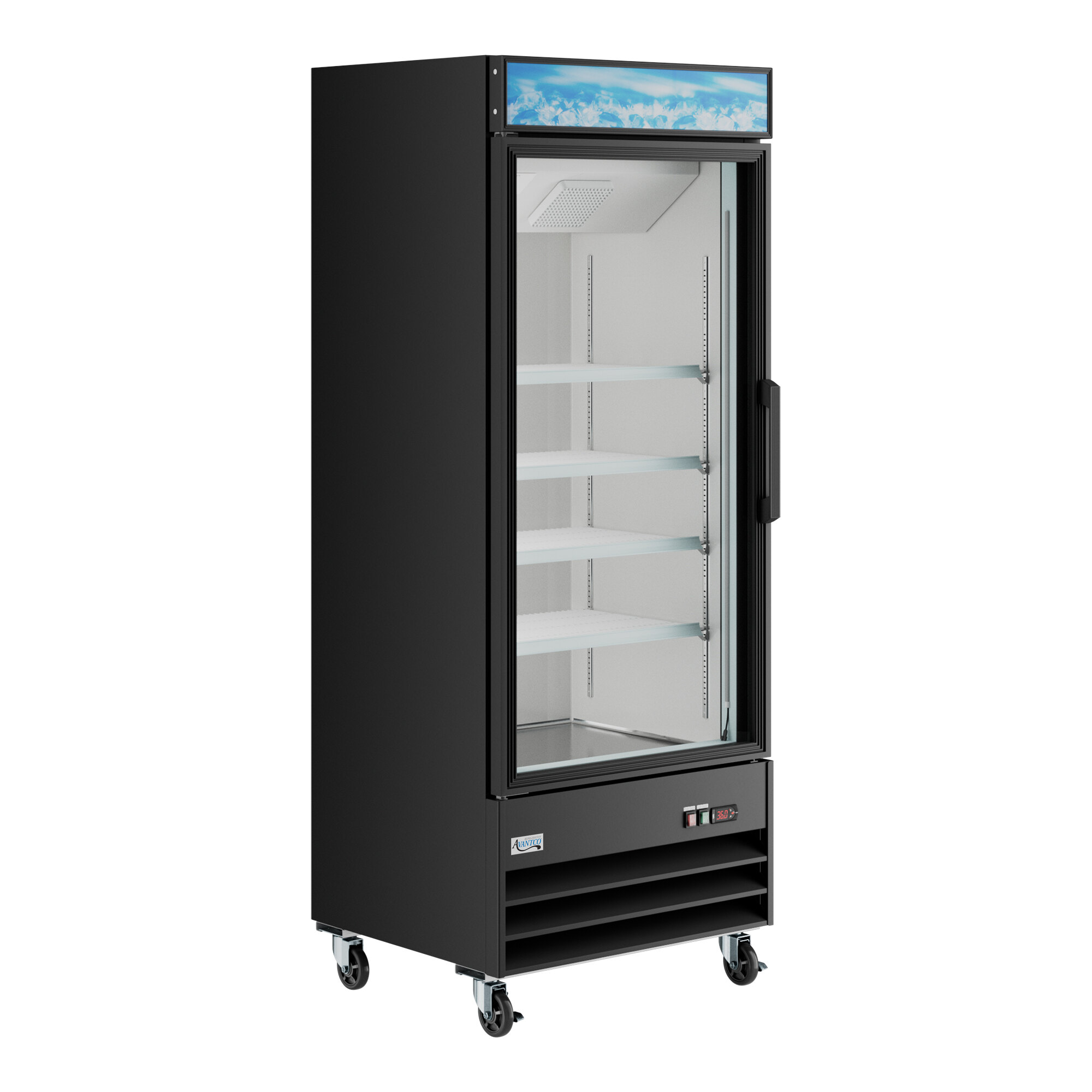 A black glass door merchandiser refrigerator with LED lighting and adjustable shelves.