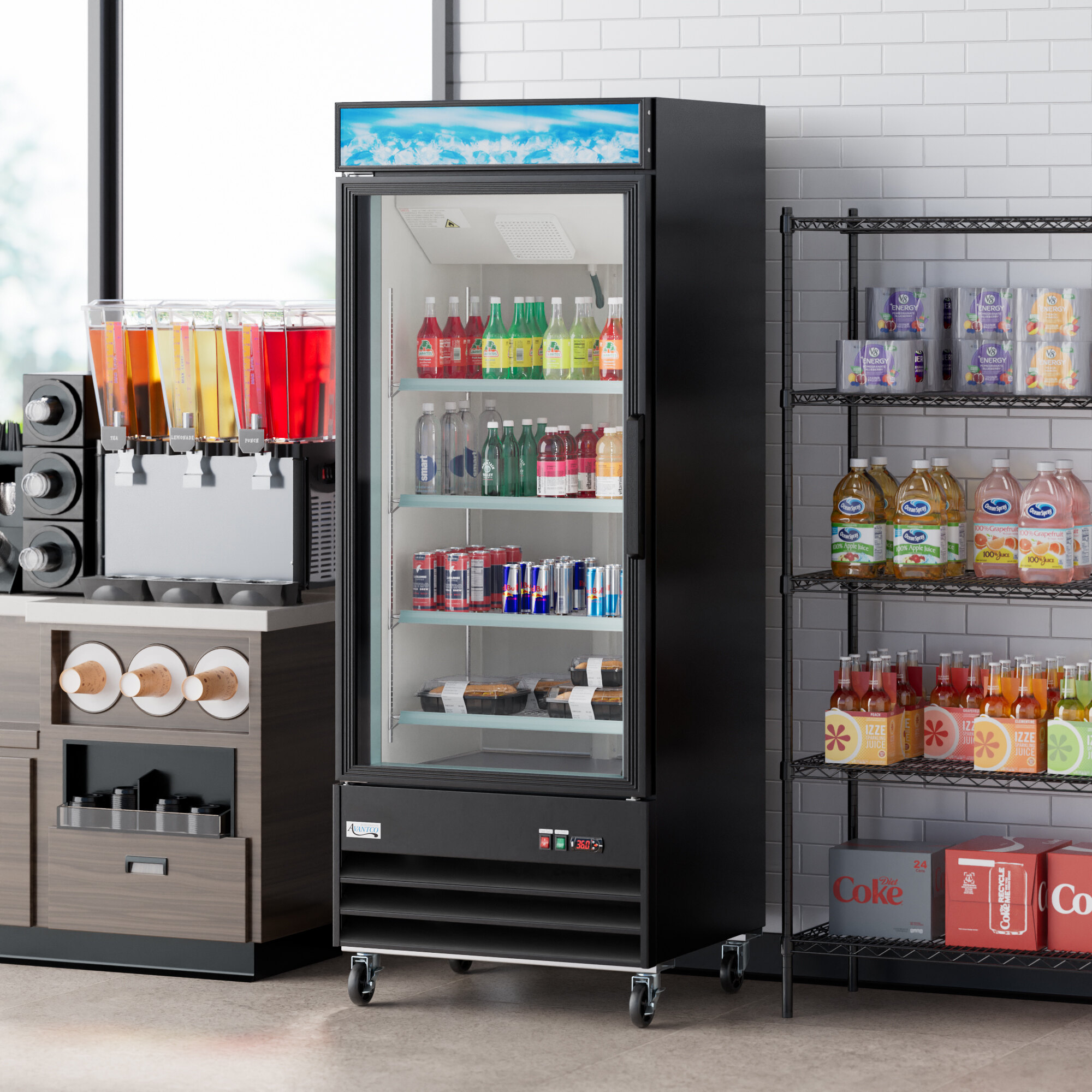 A black glass door merchandiser refrigerator with LED lighting, featuring a left-hinged swing door and customizable display.