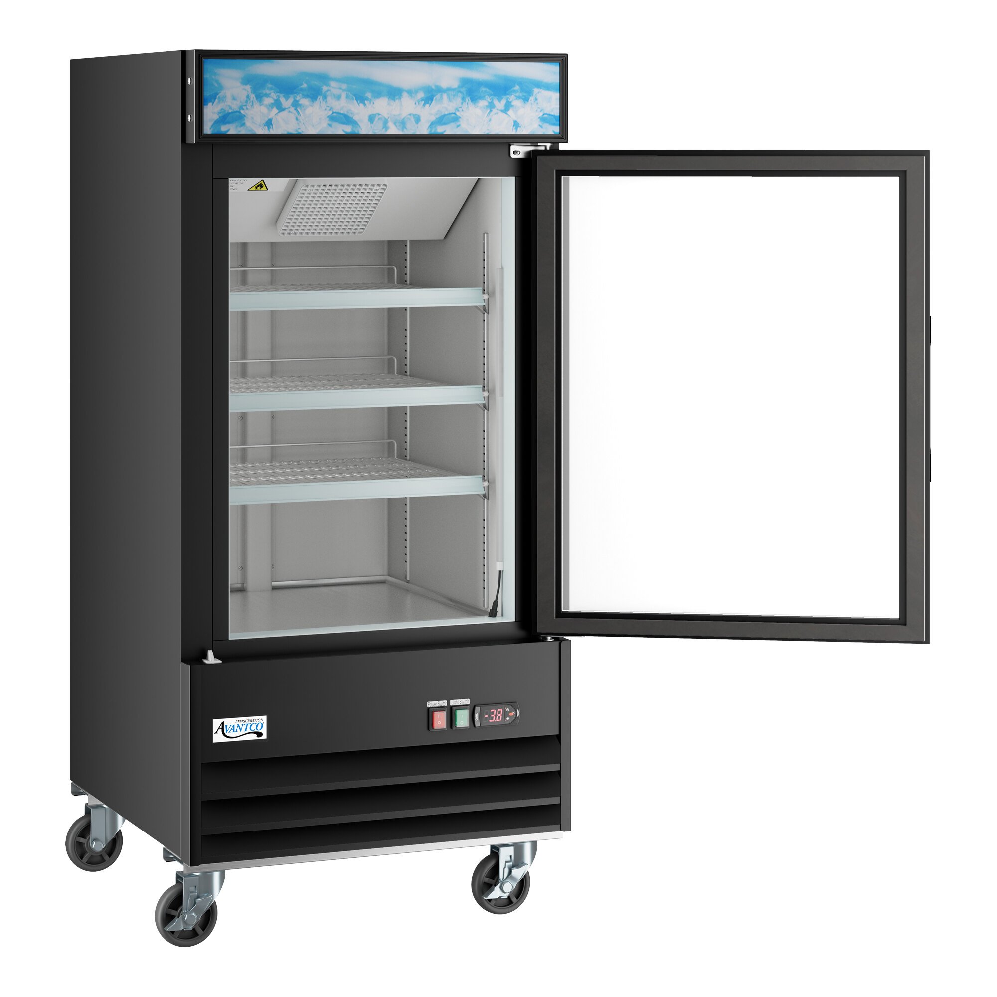 A black glass door merchandiser freezer with LED lighting and adjustable shelves.