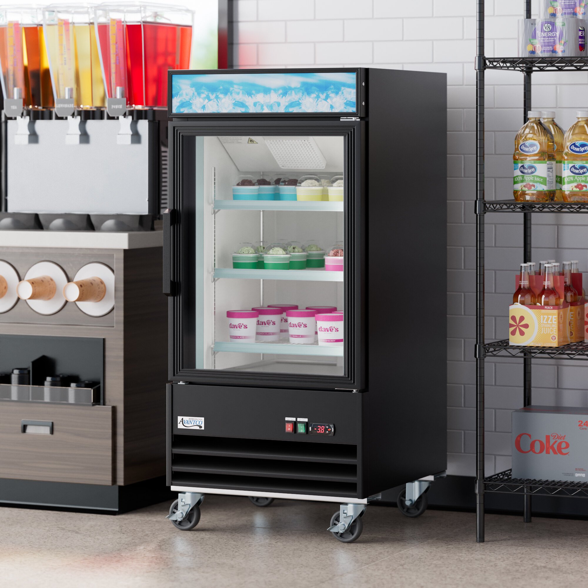 A black swing glass door merchandiser freezer with LED lighting and customizable signage, designed for displaying frozen products.