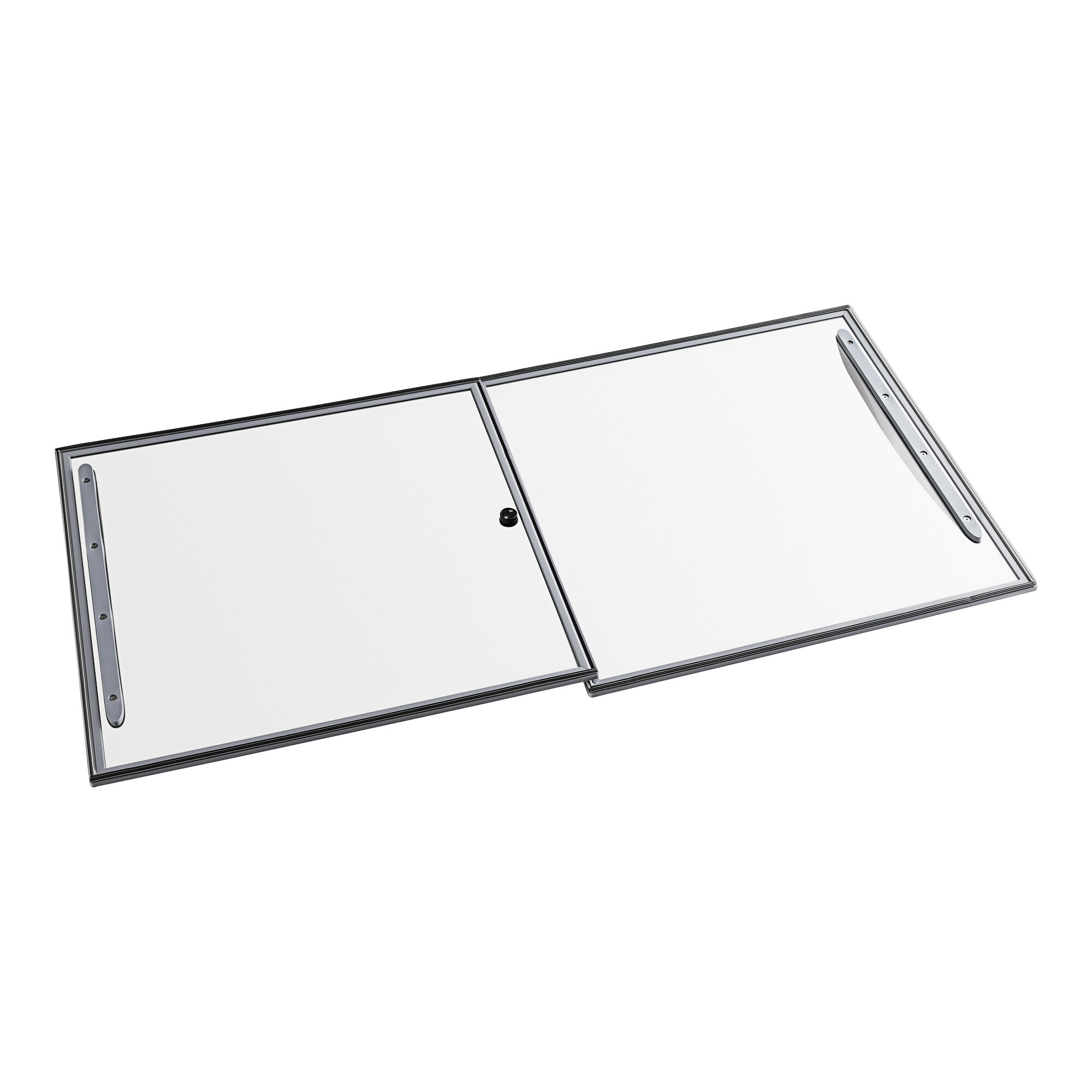 A white rectangular glass lid with a metal frame.