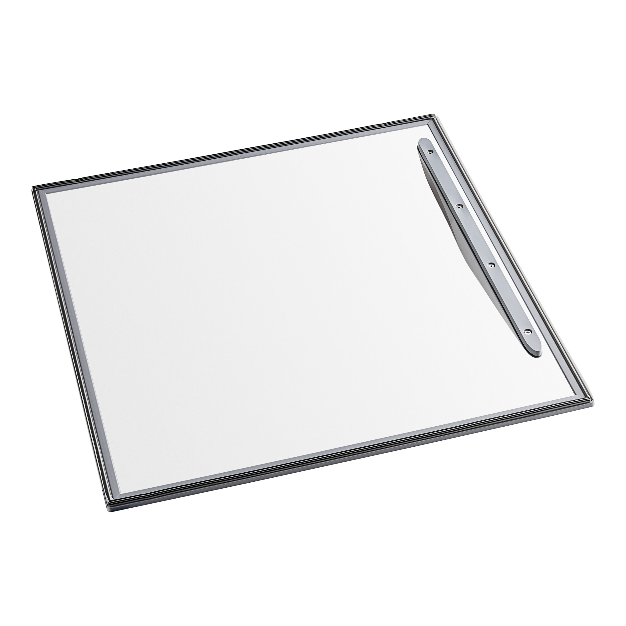 A white board with a metal handle.