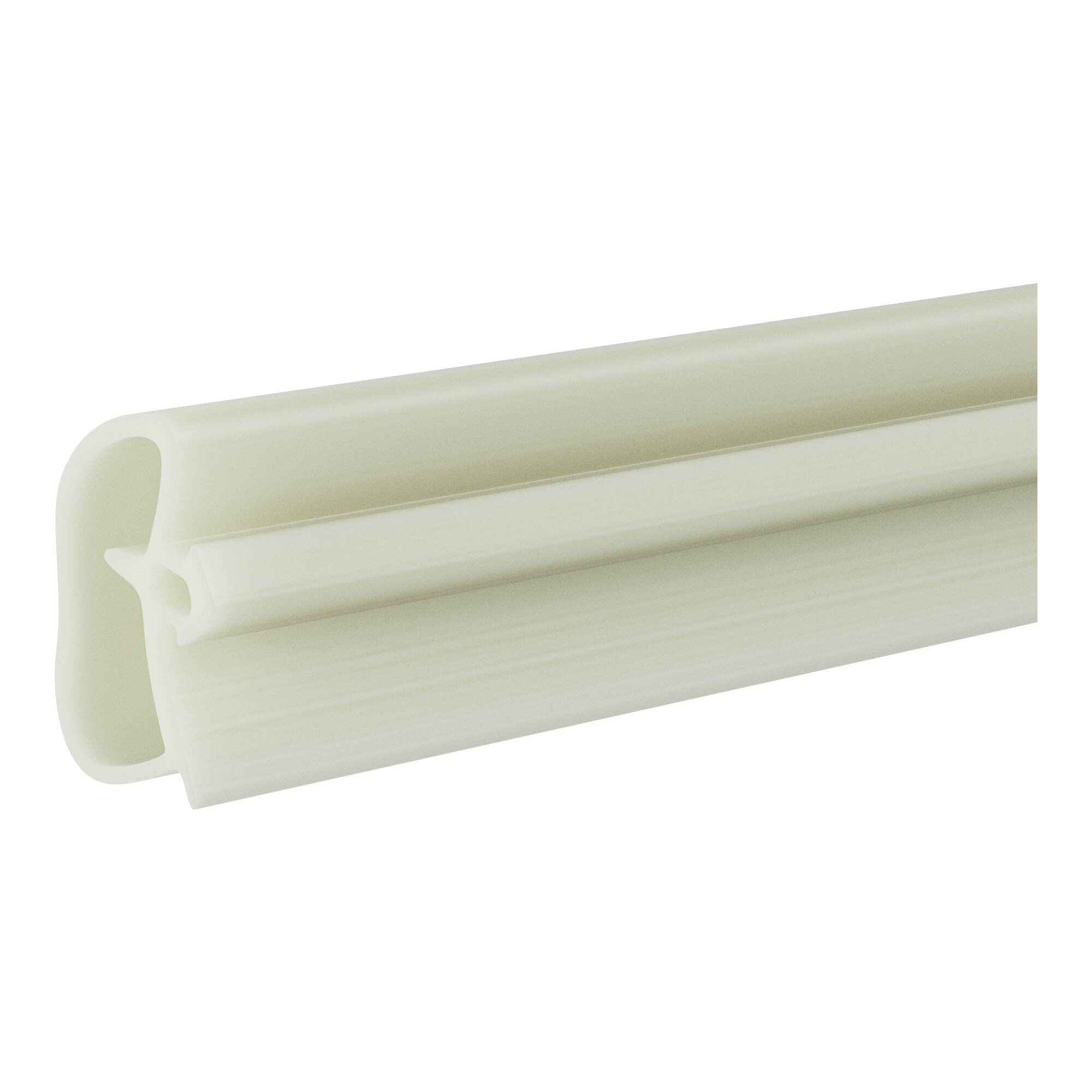 A close-up of a white plastic strip with a long handle.