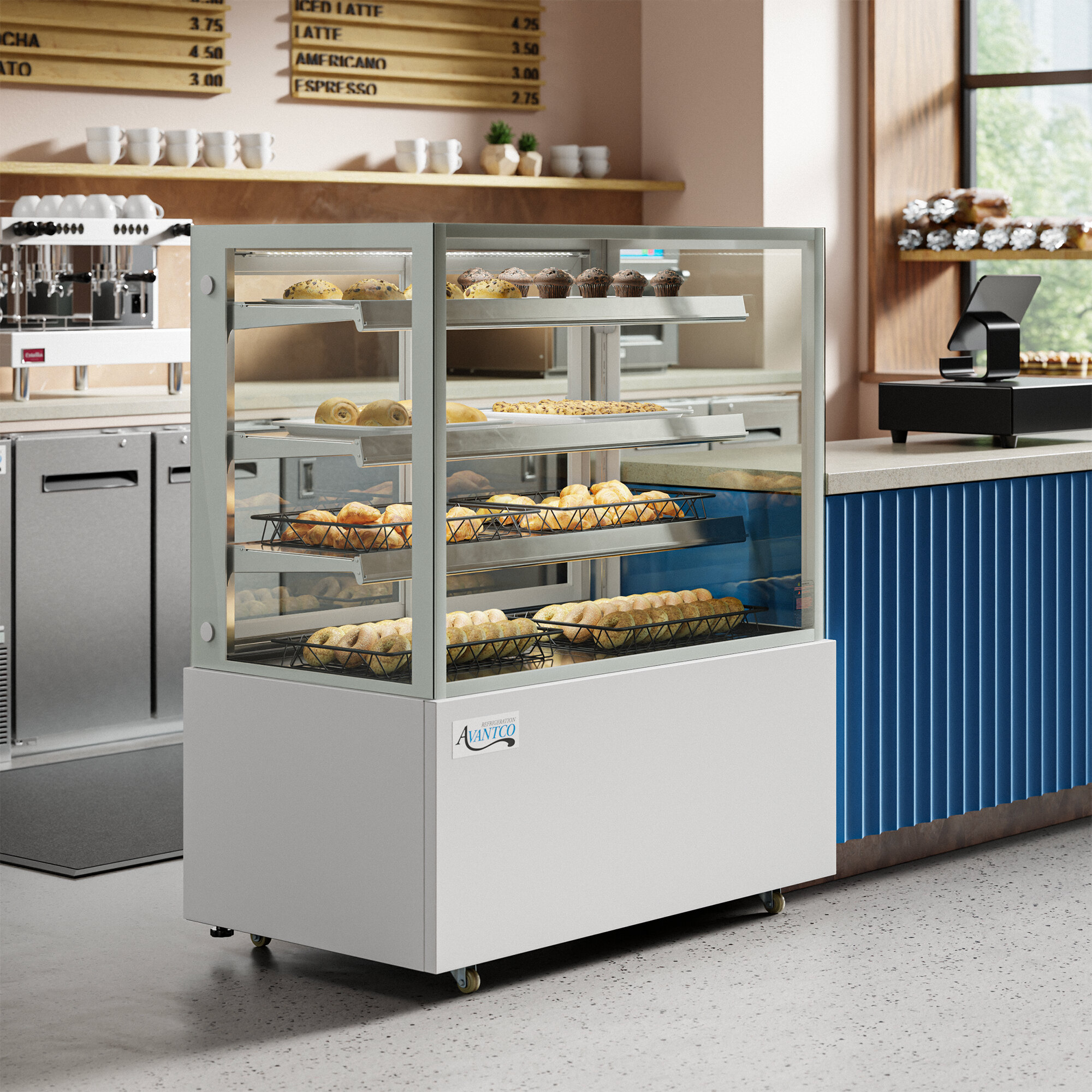 An Avantco white square dry bakery display case with trays of pastries.