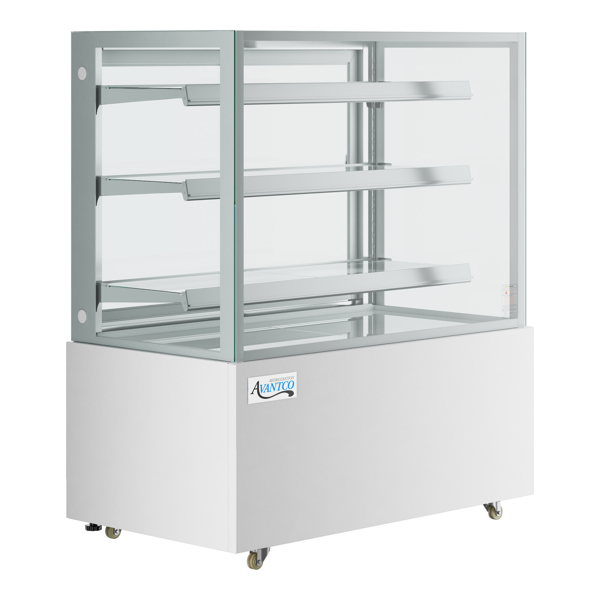 A white Avantco dry bakery display case with glass shelves.