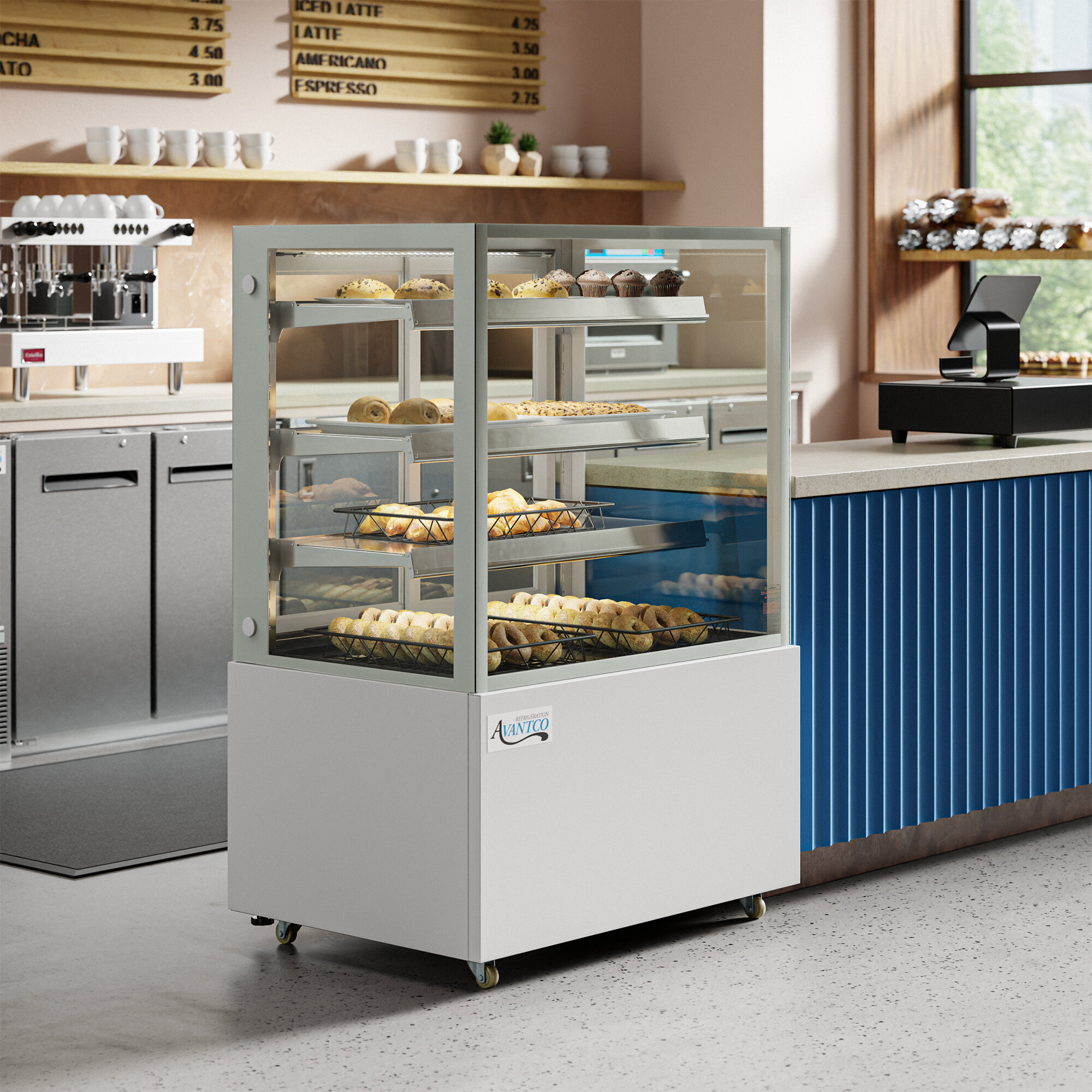 An Avantco white square dry bakery display case with food on shelves.