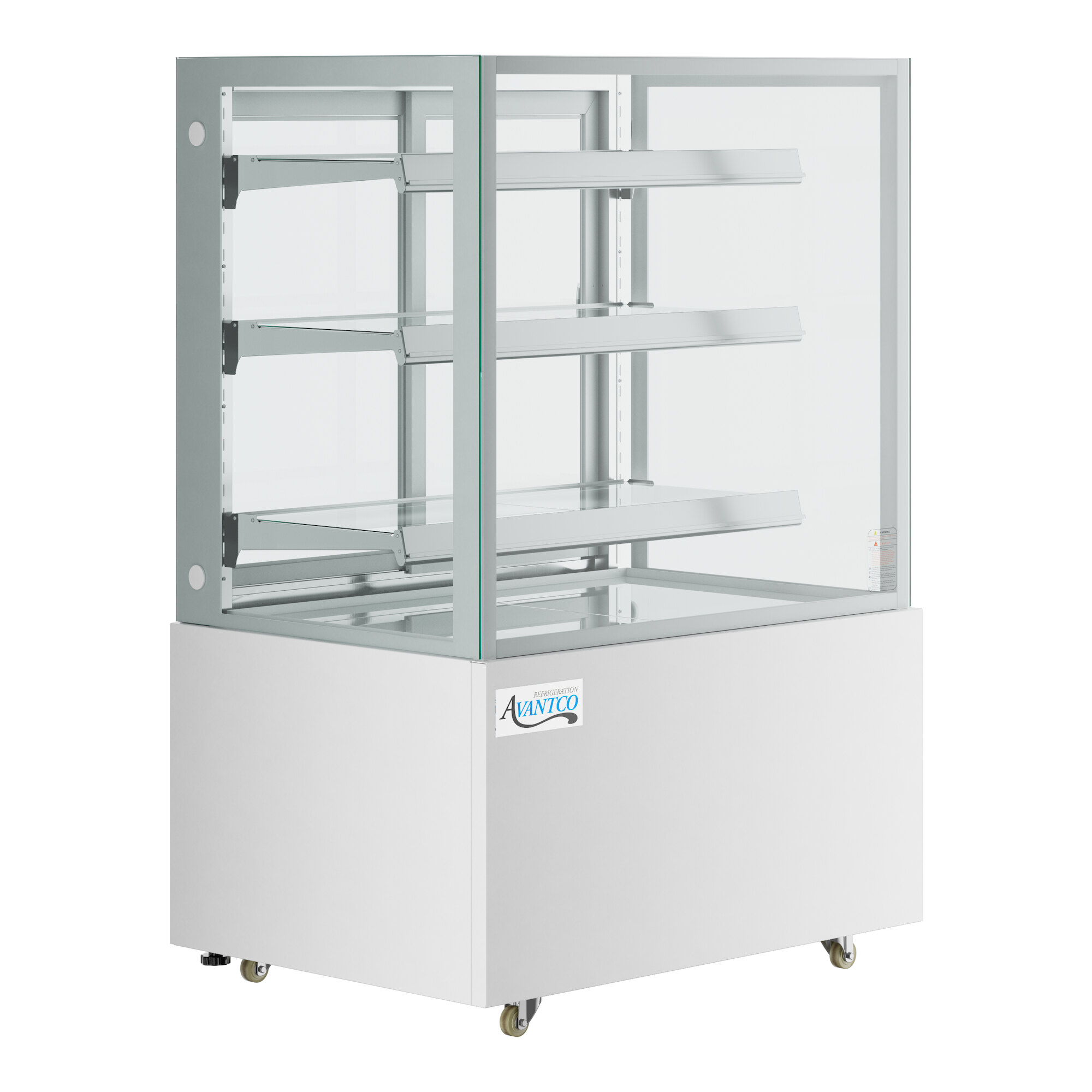 An Avantco white square dry bakery display case with glass shelves.