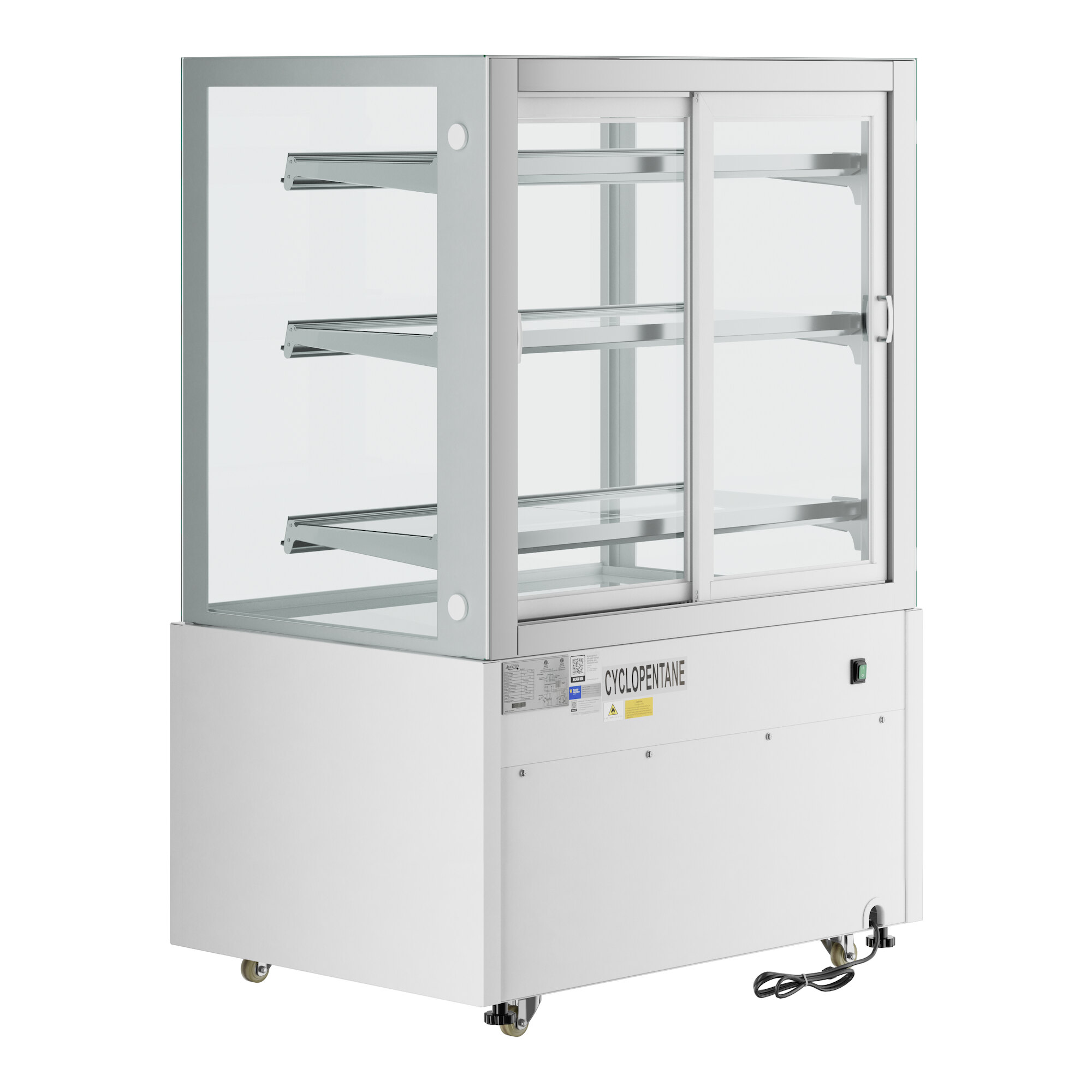 An Avantco white cabinet with glass doors.