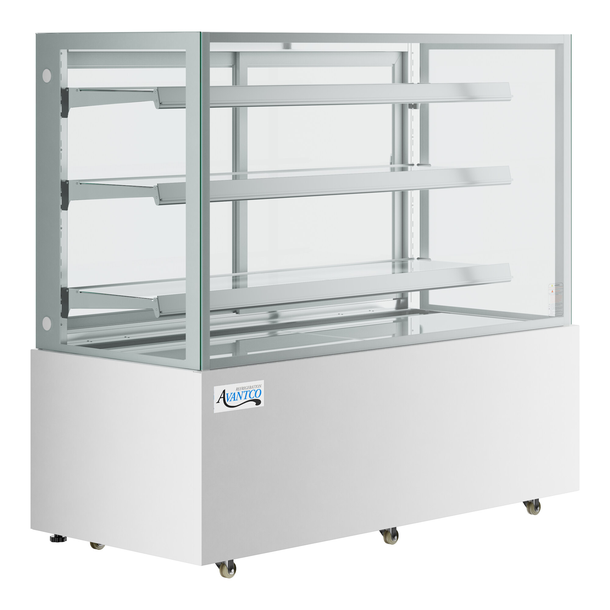 An Avantco white refrigerated bakery display case with glass shelves.