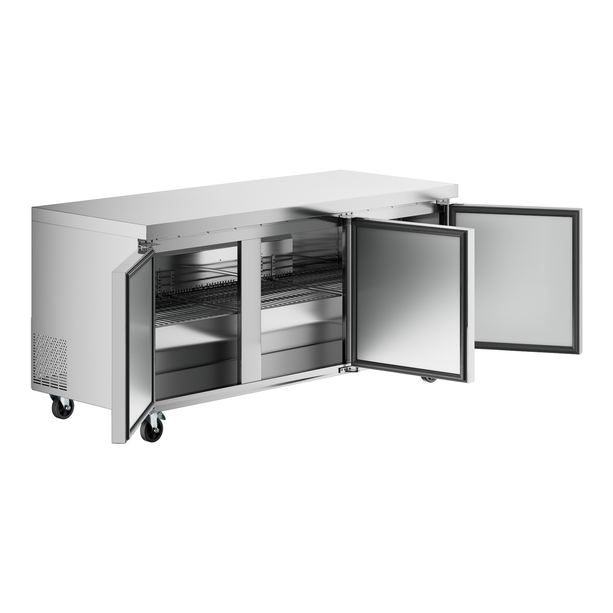 A large stainless steel undercounter refrigerator with three open doors and interior shelving.