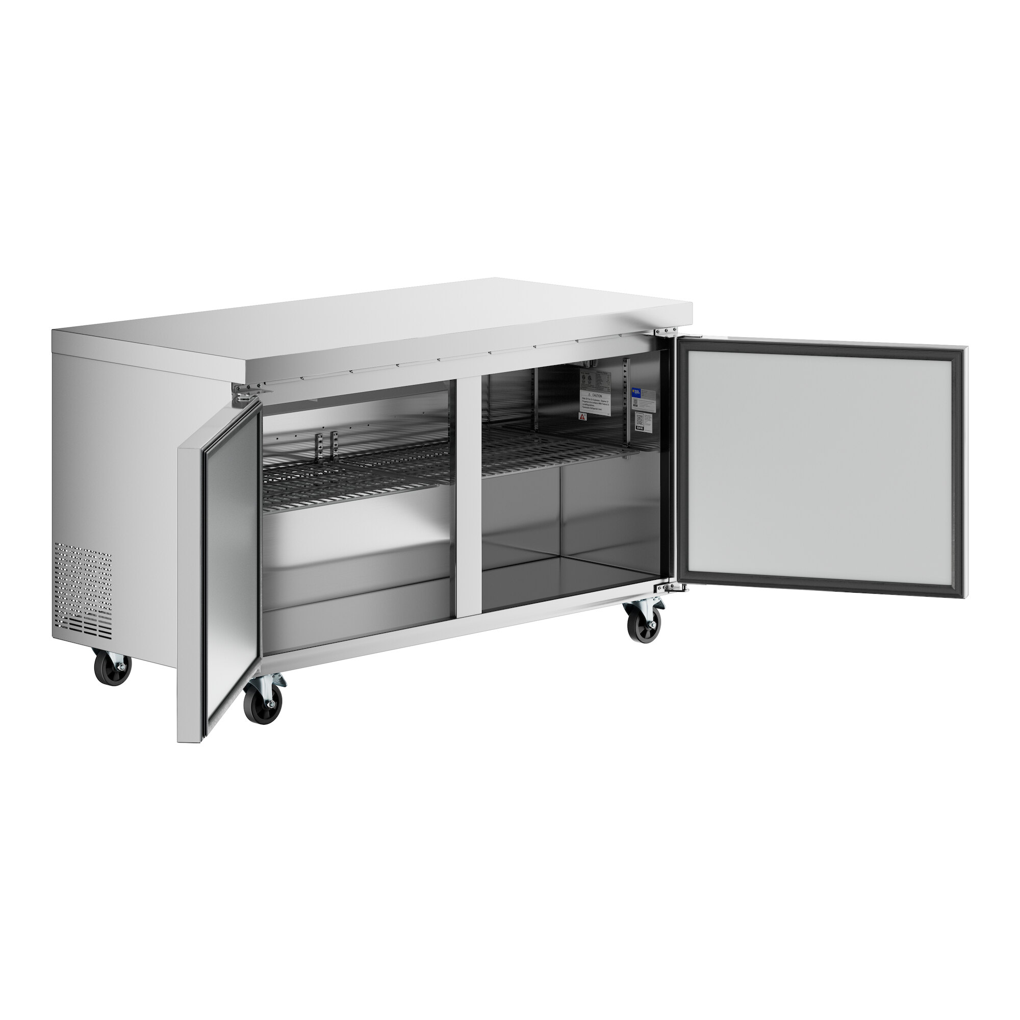 An Avantco AU-60F 60-inch undercounter freezer with two open doors and interior shelving.