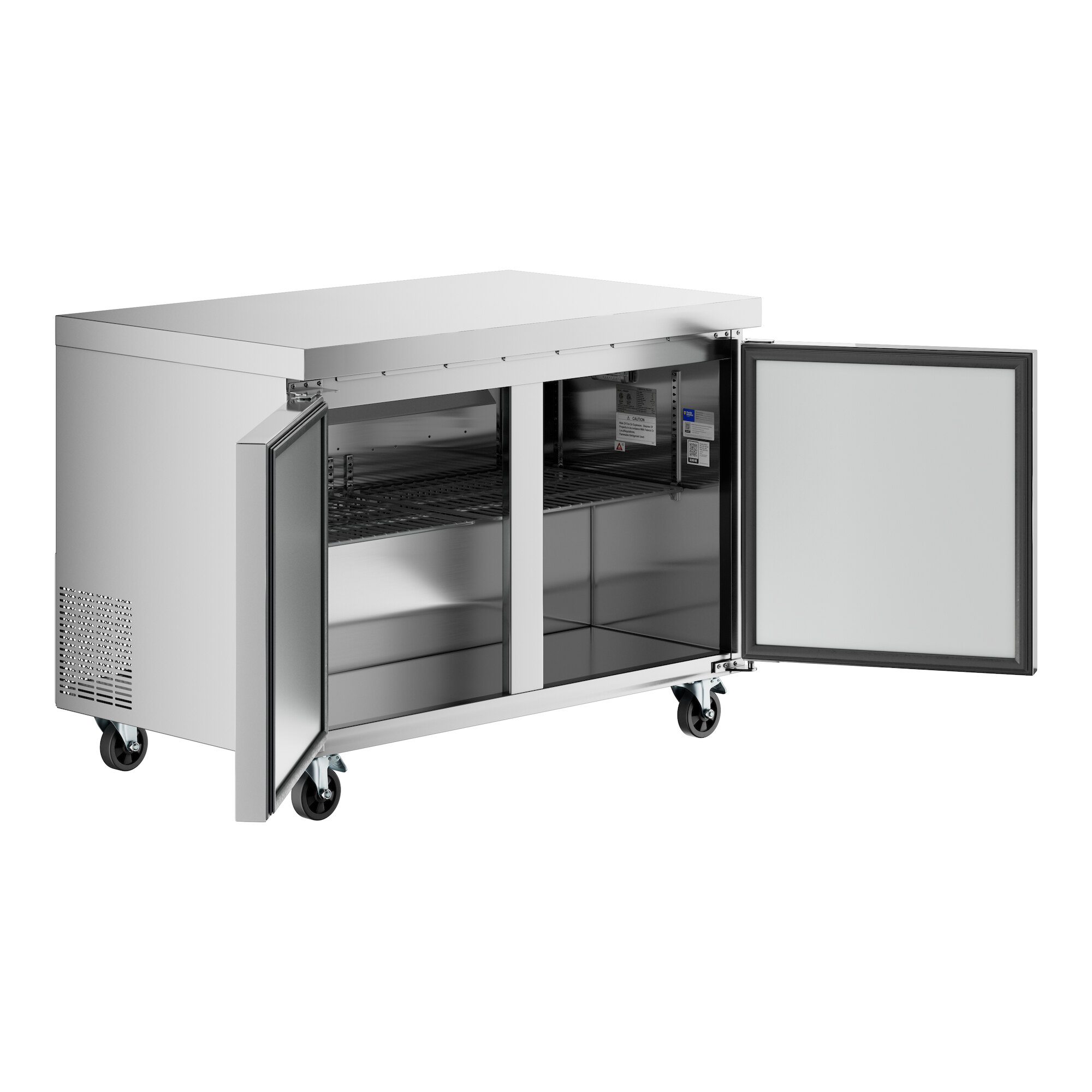 A stainless steel undercounter refrigerator with two open doors and interior shelving, mounted on caster wheels.