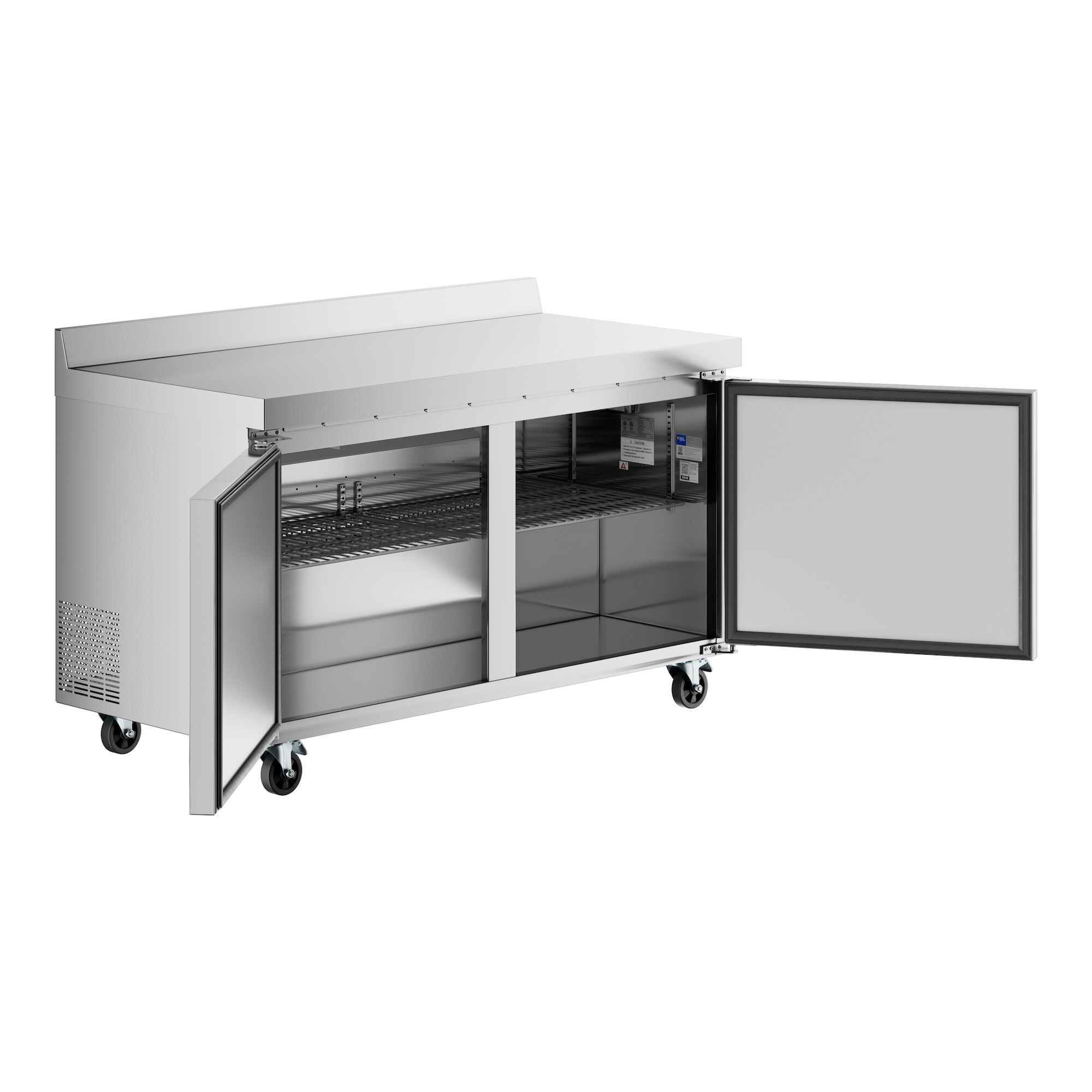 A stainless steel worktop freezer with a 3 1/2 inch backsplash, two open doors, and interior shelving on casters.
