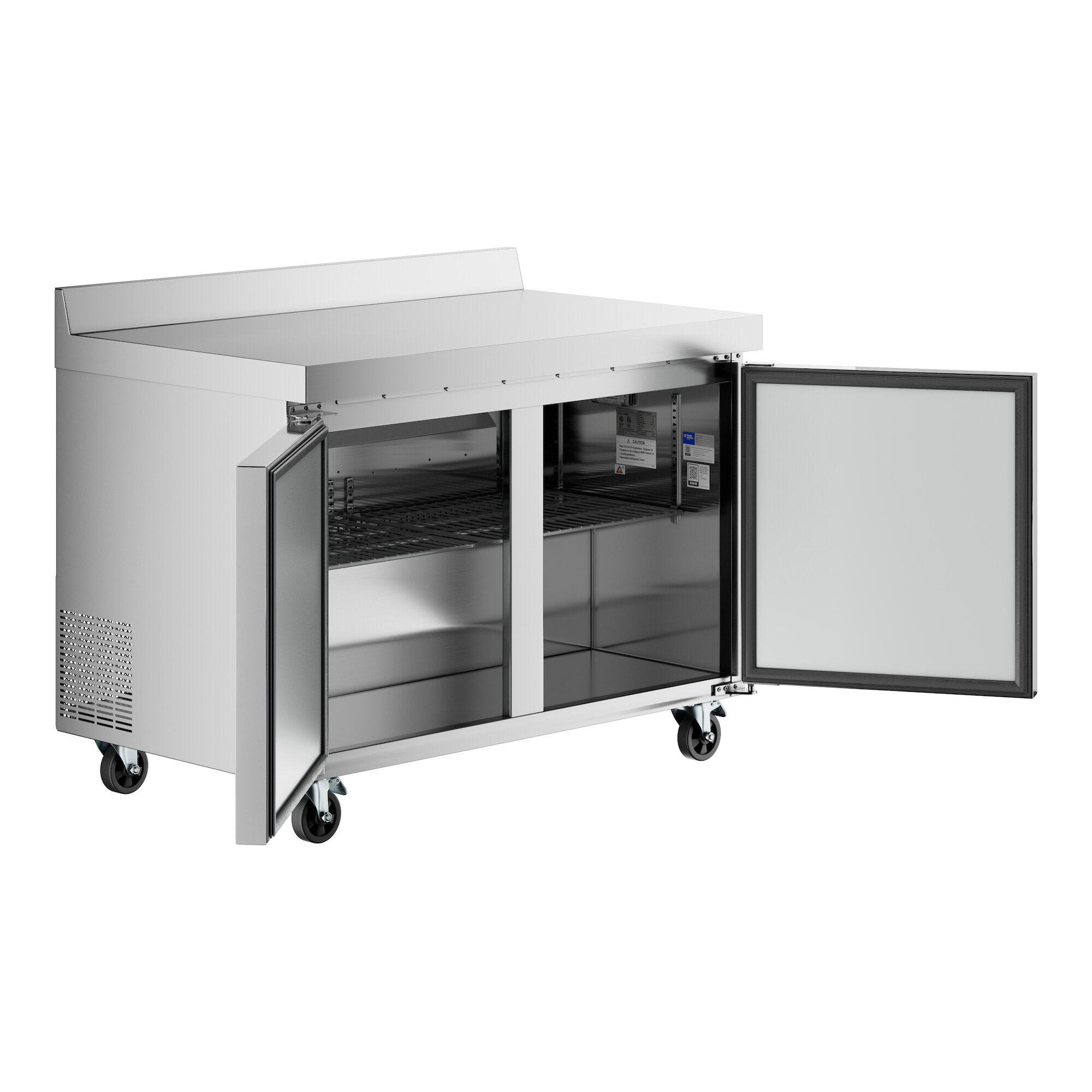 A stainless steel 48-inch worktop refrigerator with a 3 1/2-inch backsplash, two open doors, and interior shelving on casters.
