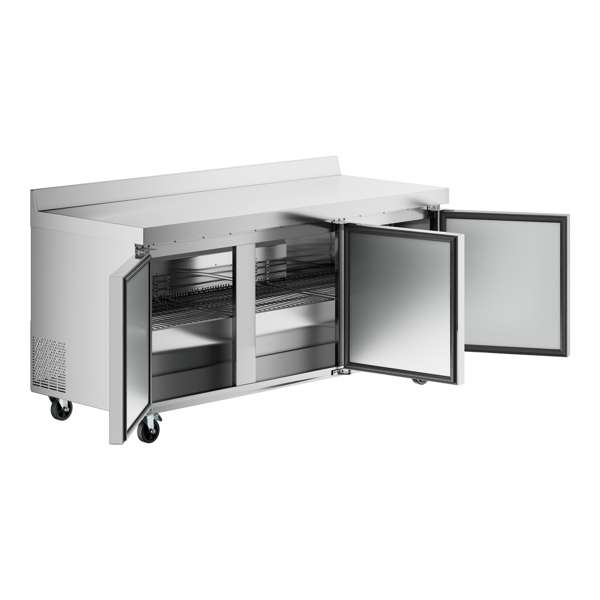 A stainless steel worktop refrigerator with a 3 1/2 inch backsplash and two open doors revealing interior shelving.