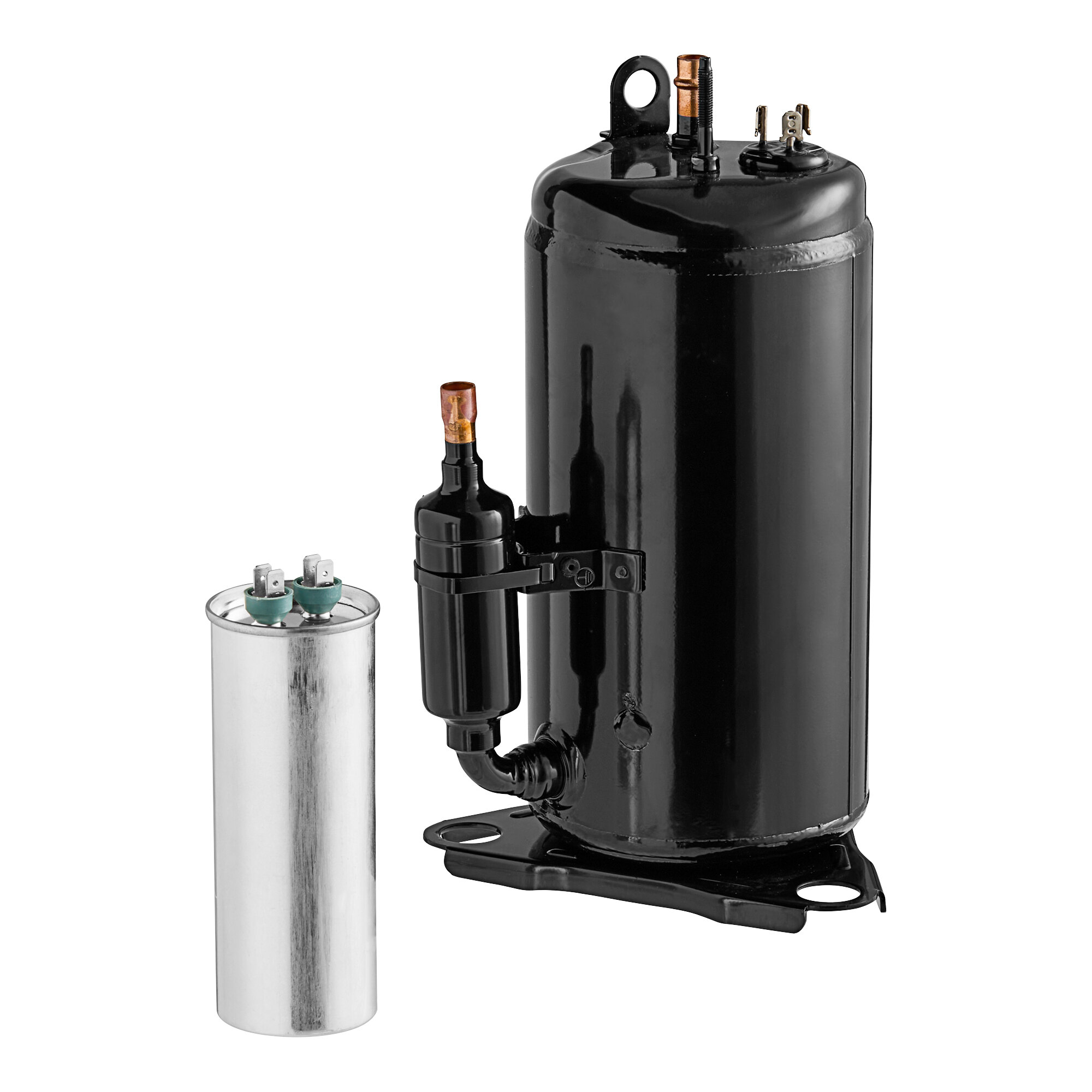 A black compressor with a silver metal cylinder and brown cap.