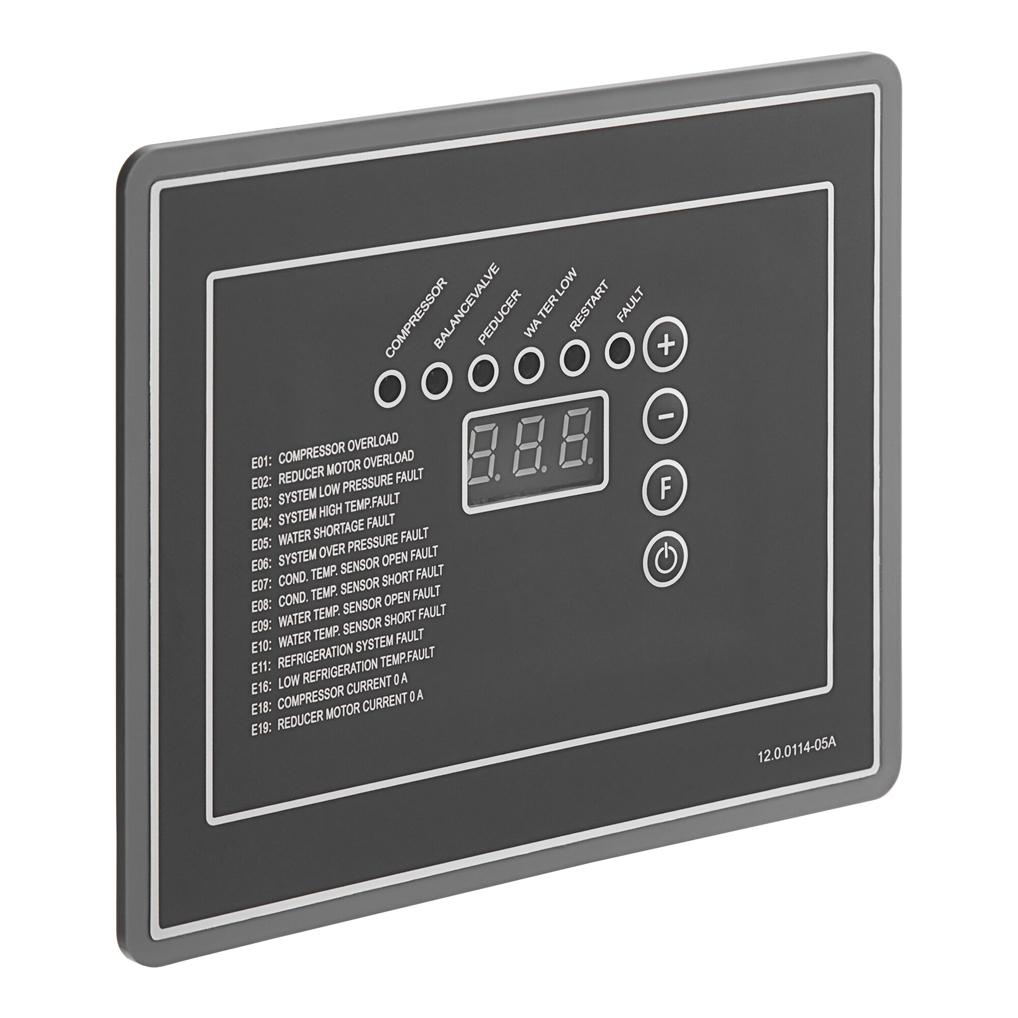 A grey rectangular device with a digital display and white text.