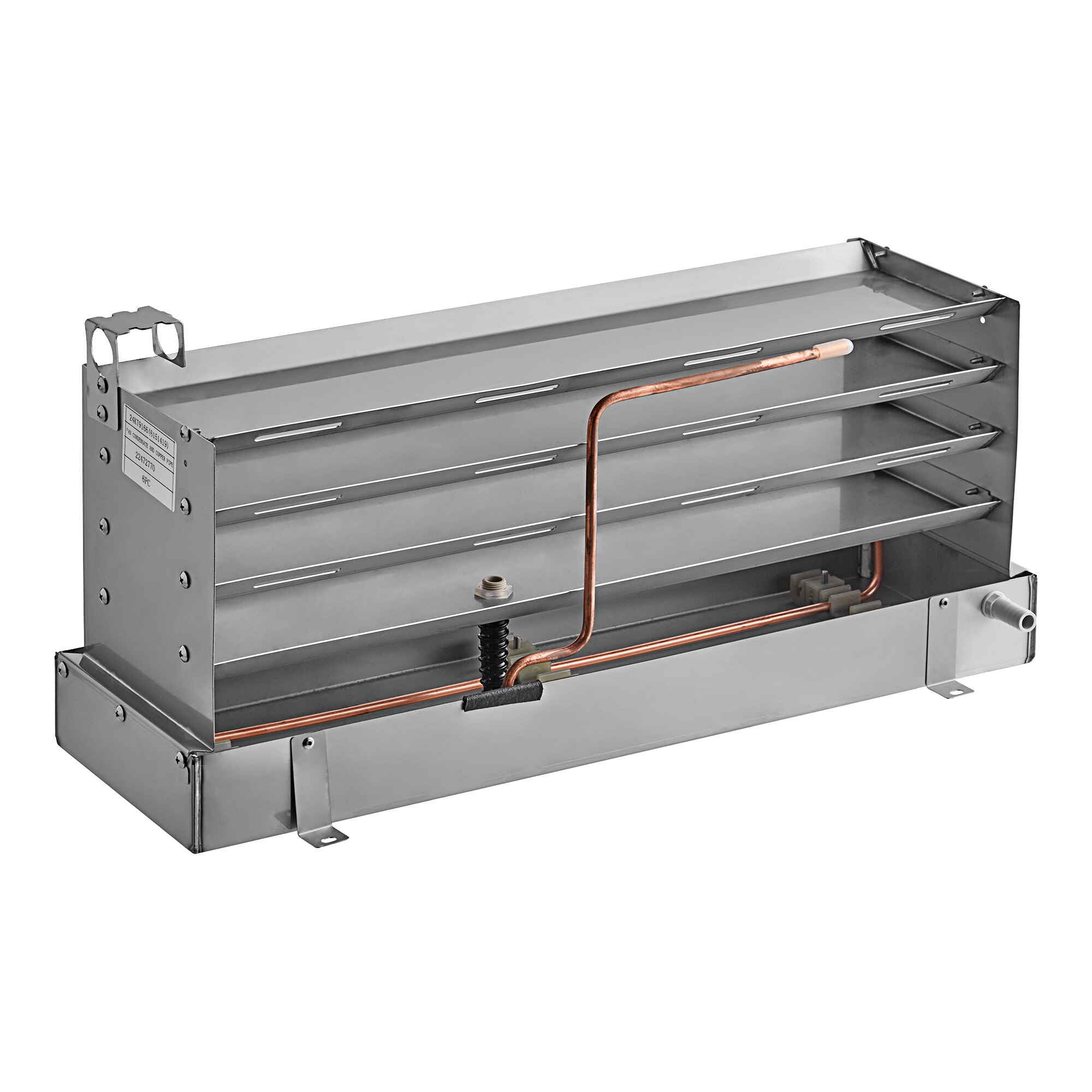 An Avantco metal evaporator drain pan with a copper pipe.