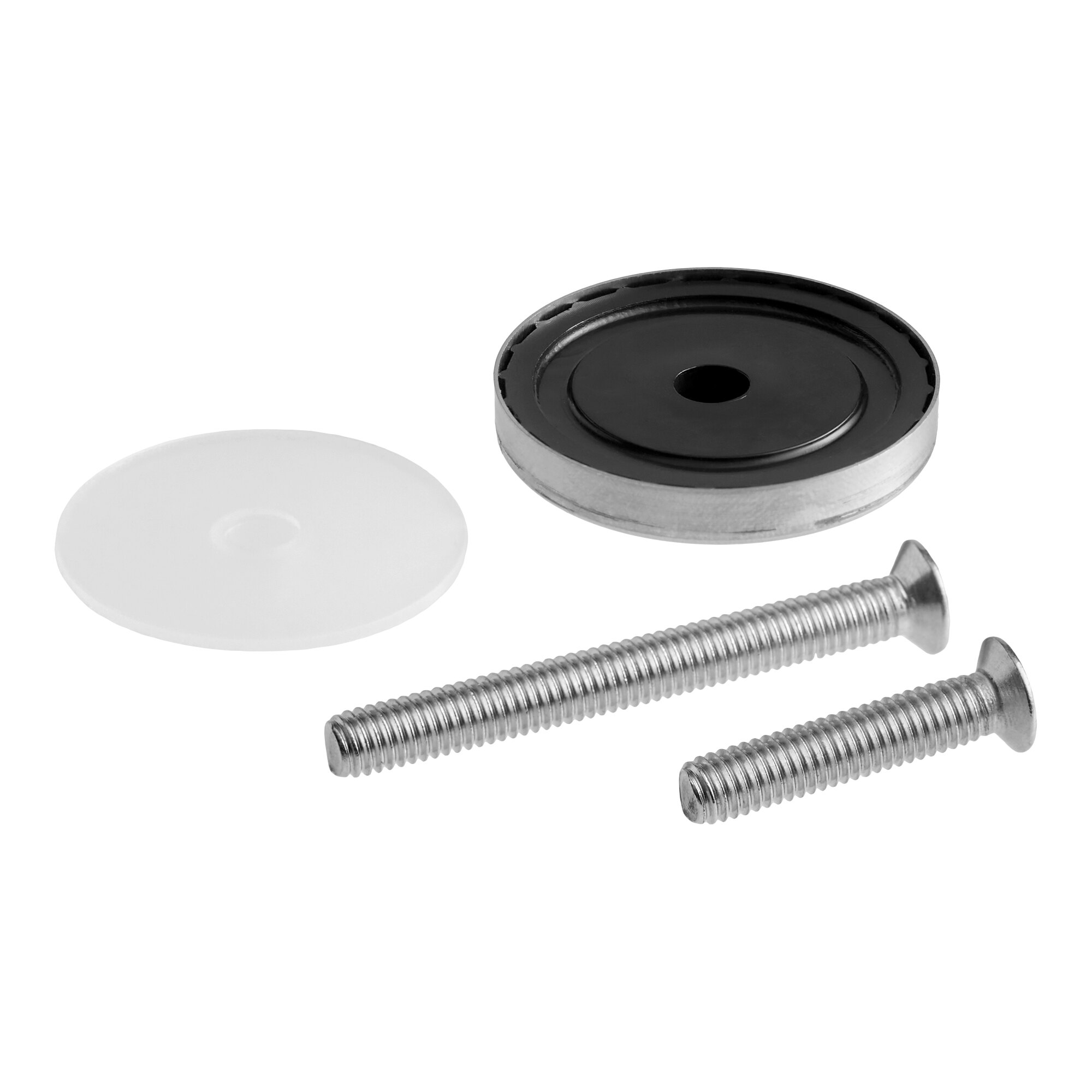 A screw cover kit with two metal screws, a round black cover, and a white plastic washer, designed for Avantco BC series equipment.