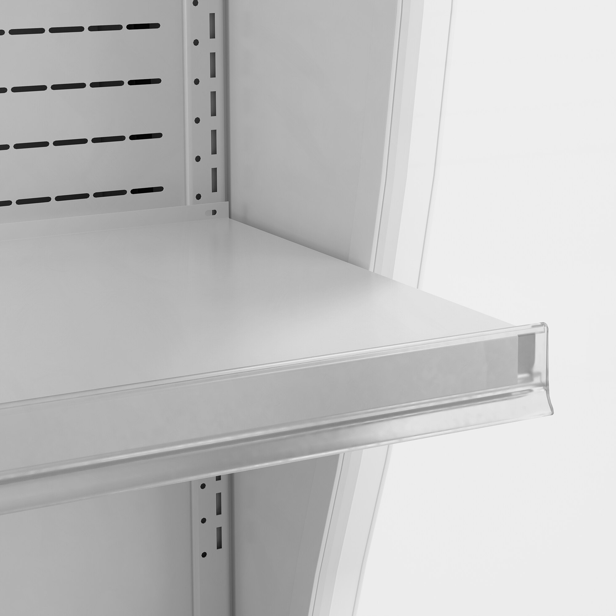 A white refrigerated air curtain merchandiser with adjustable shelving.