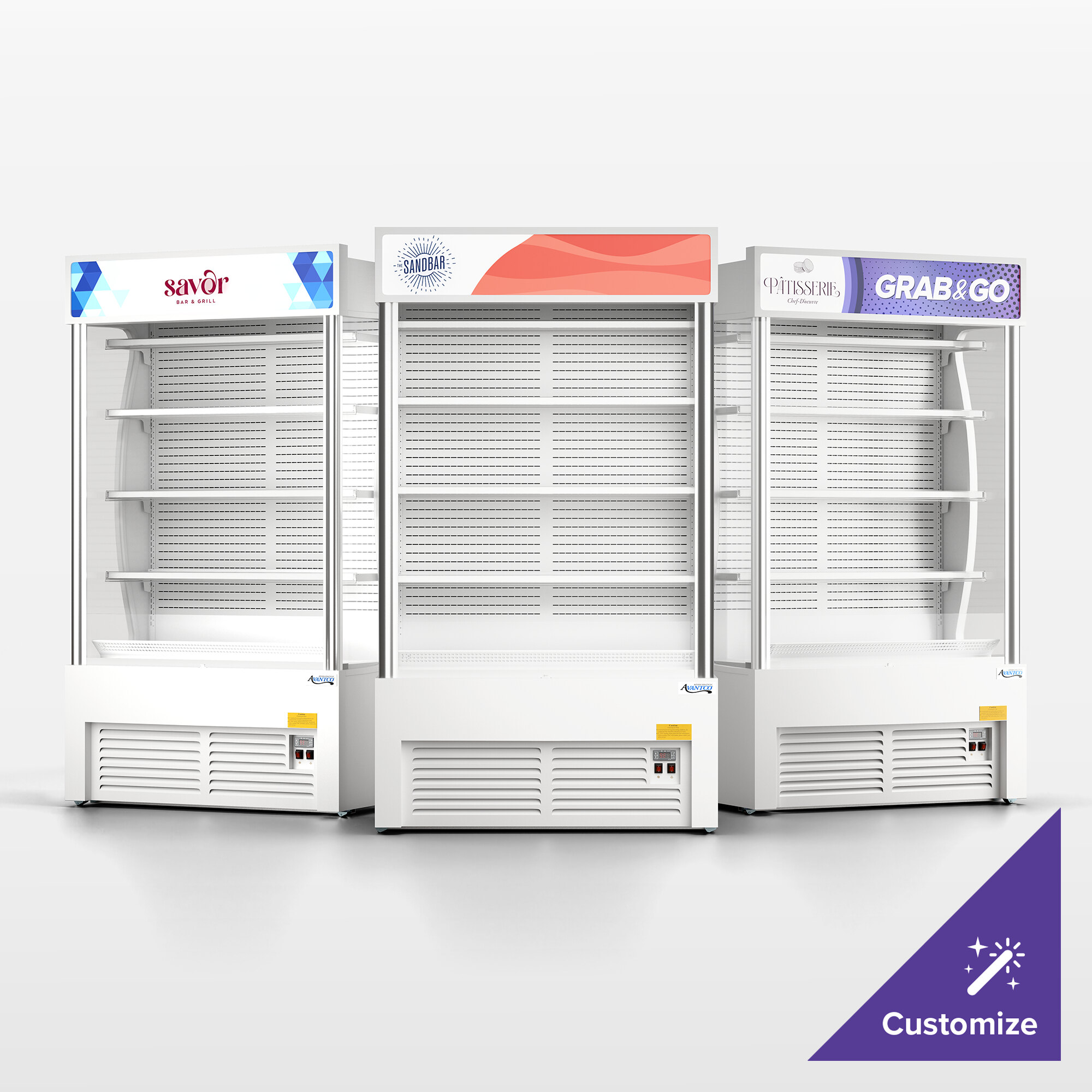 A white refrigerated air curtain merchandiser with customizable signage and multiple shelves for product display.