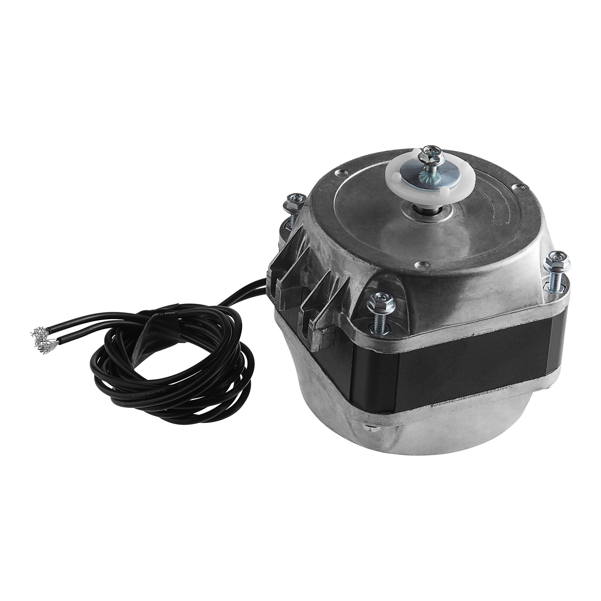 An Avantco condenser fan motor with wires and a black cover.