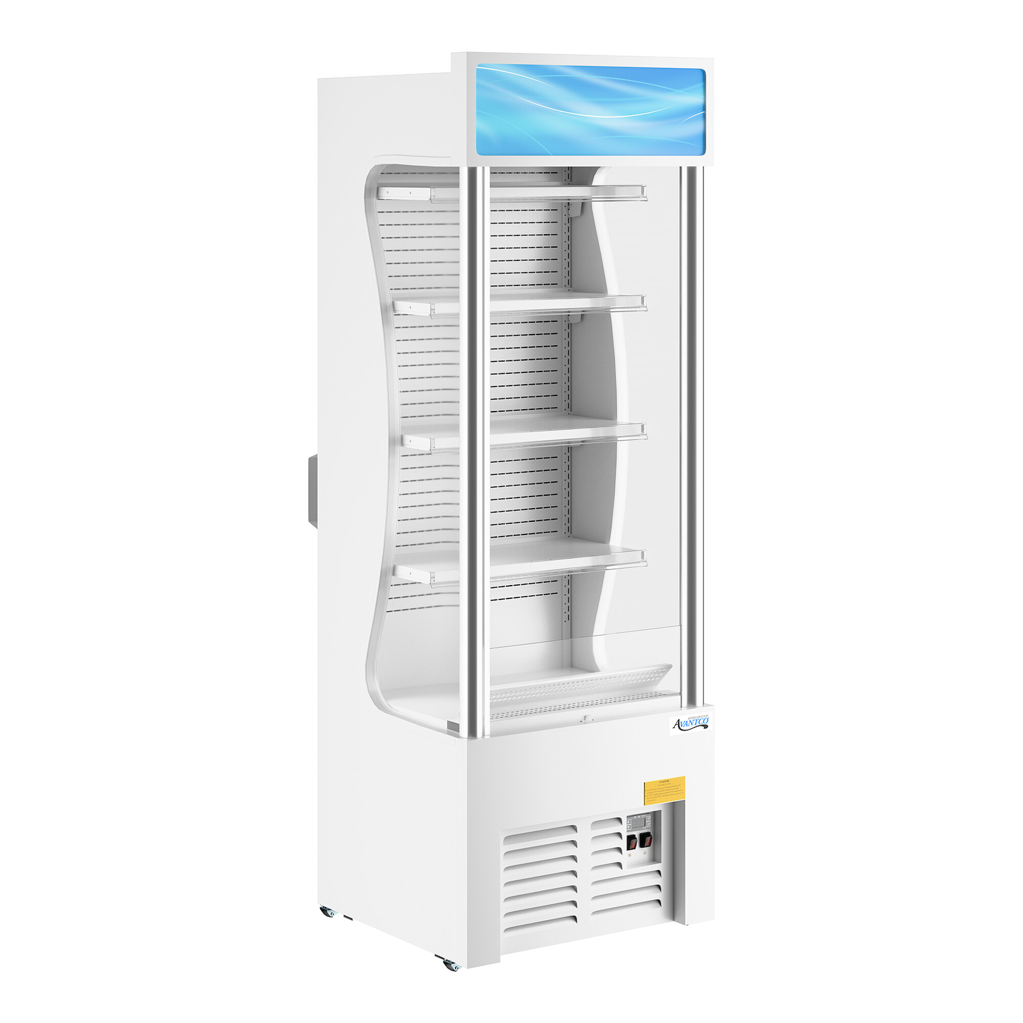 A white refrigerated air curtain merchandiser with multiple shelves and a customizable display panel at the top.