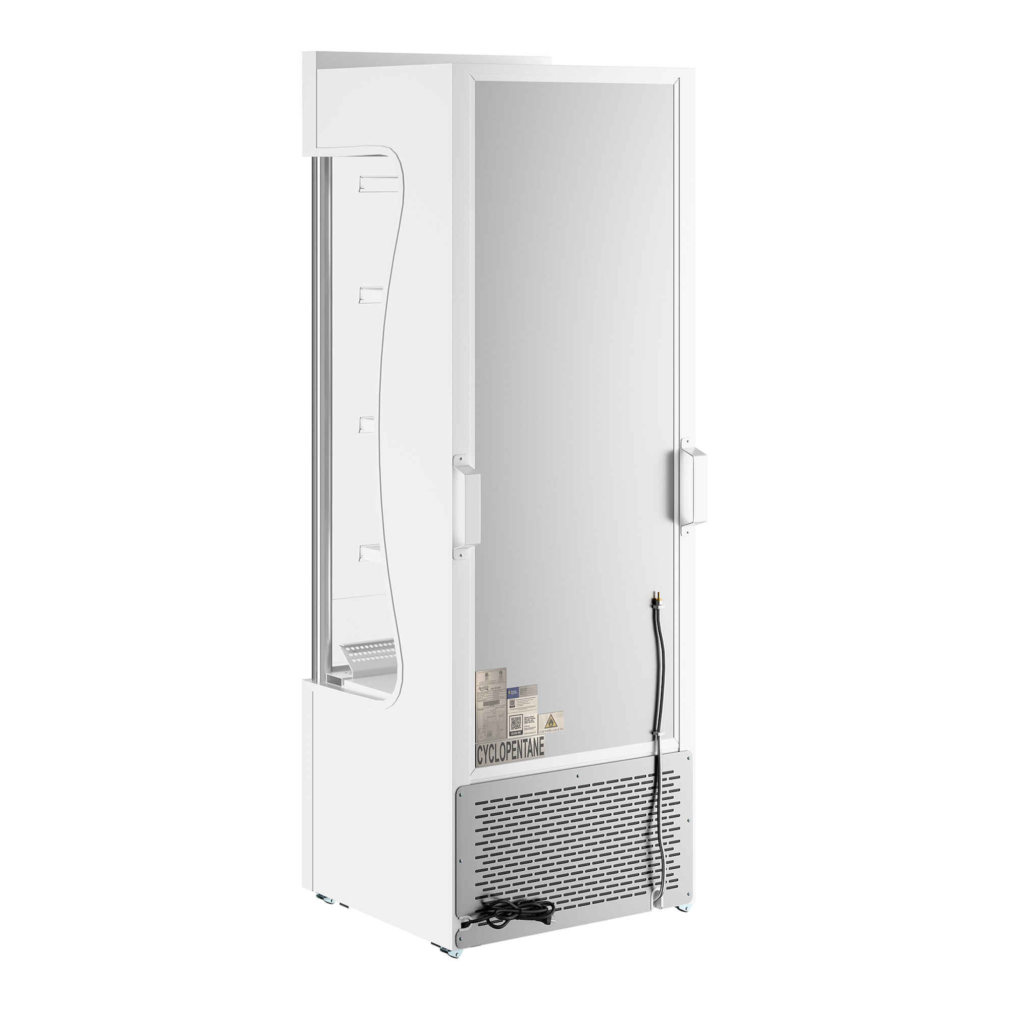 A white refrigerated air curtain merchandiser with a glass front door and customizable exterior.