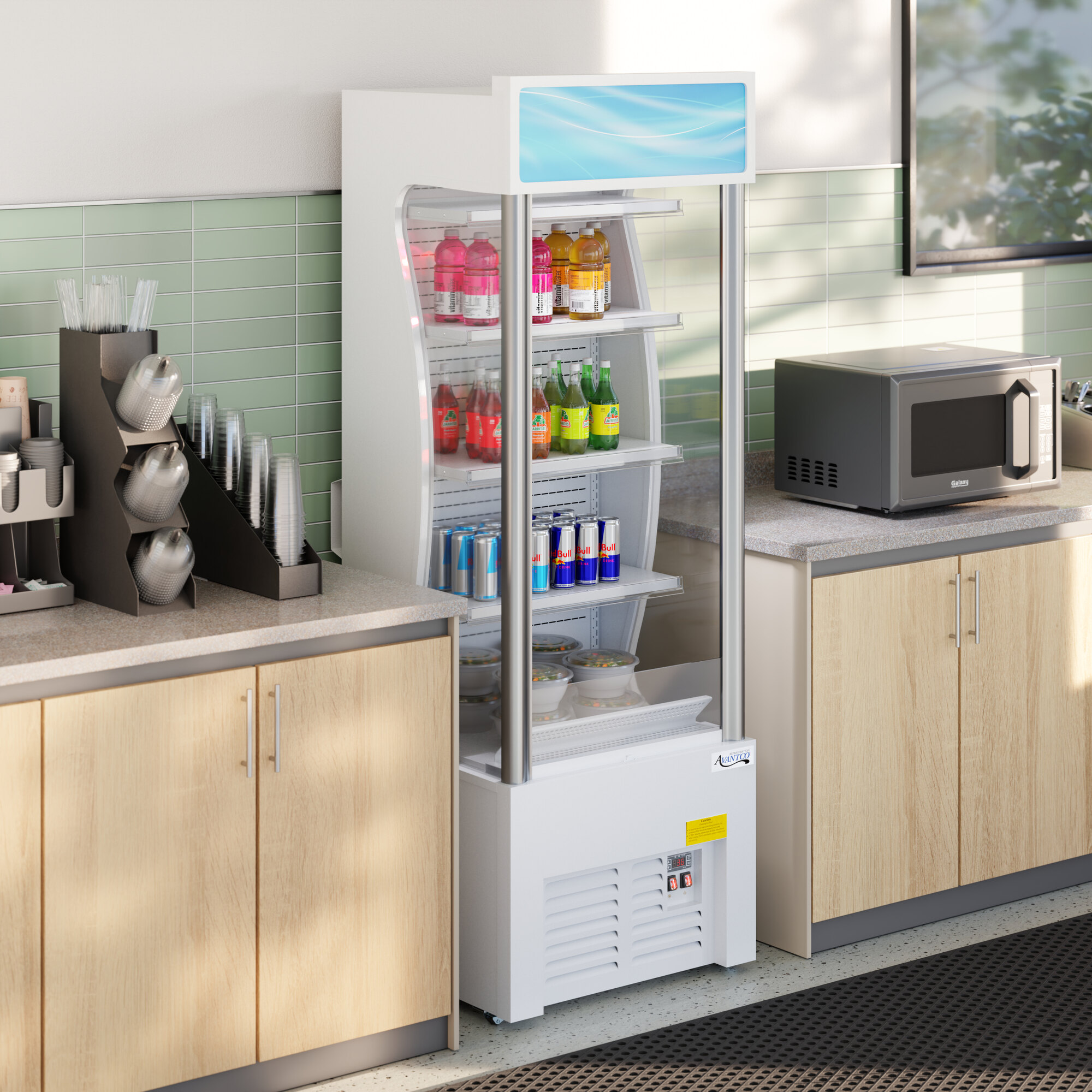 A white refrigerated air curtain merchandiser with multiple shelves displaying beverages and food items.