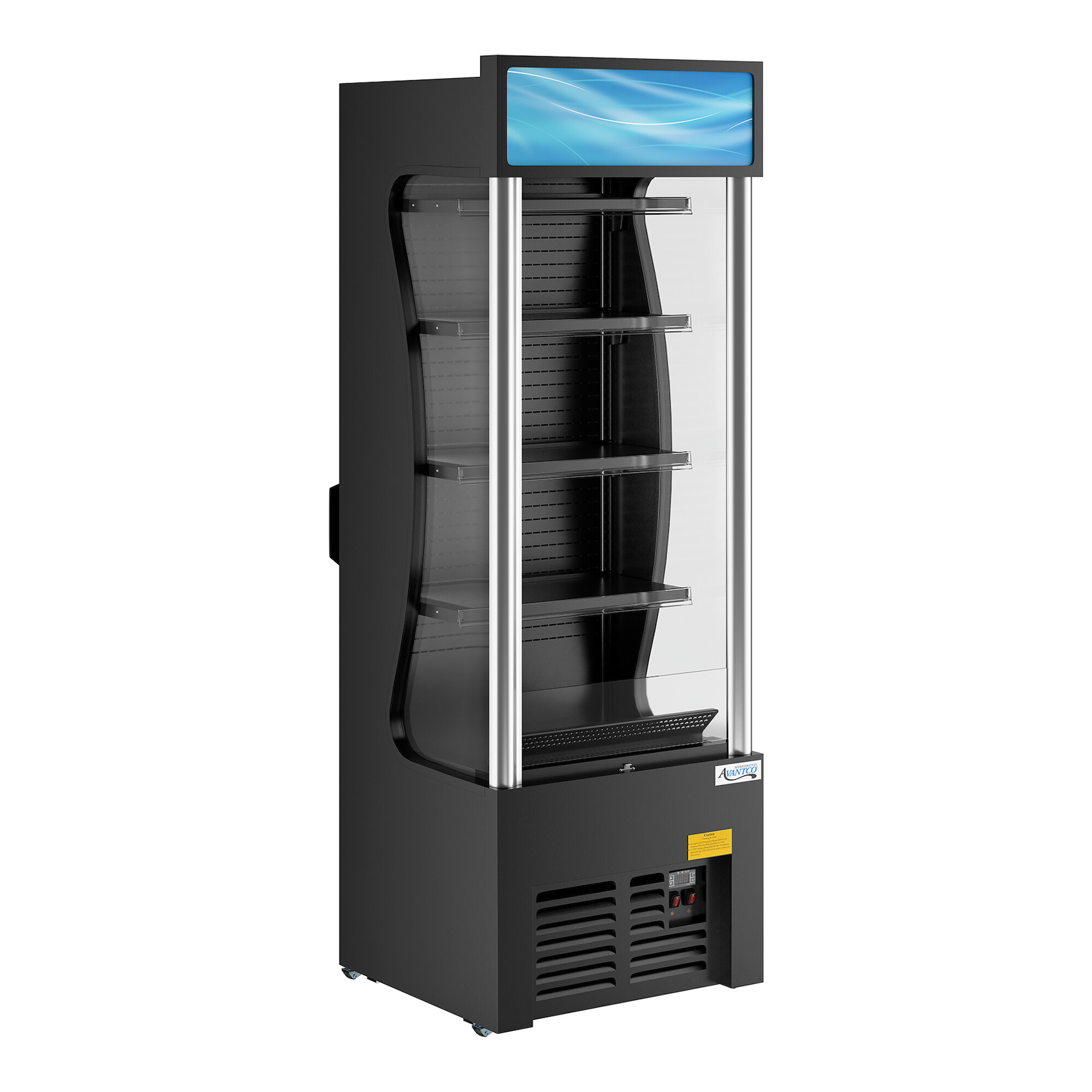 A black refrigerated air curtain merchandiser with multiple shelves and a customizable display panel at the top.