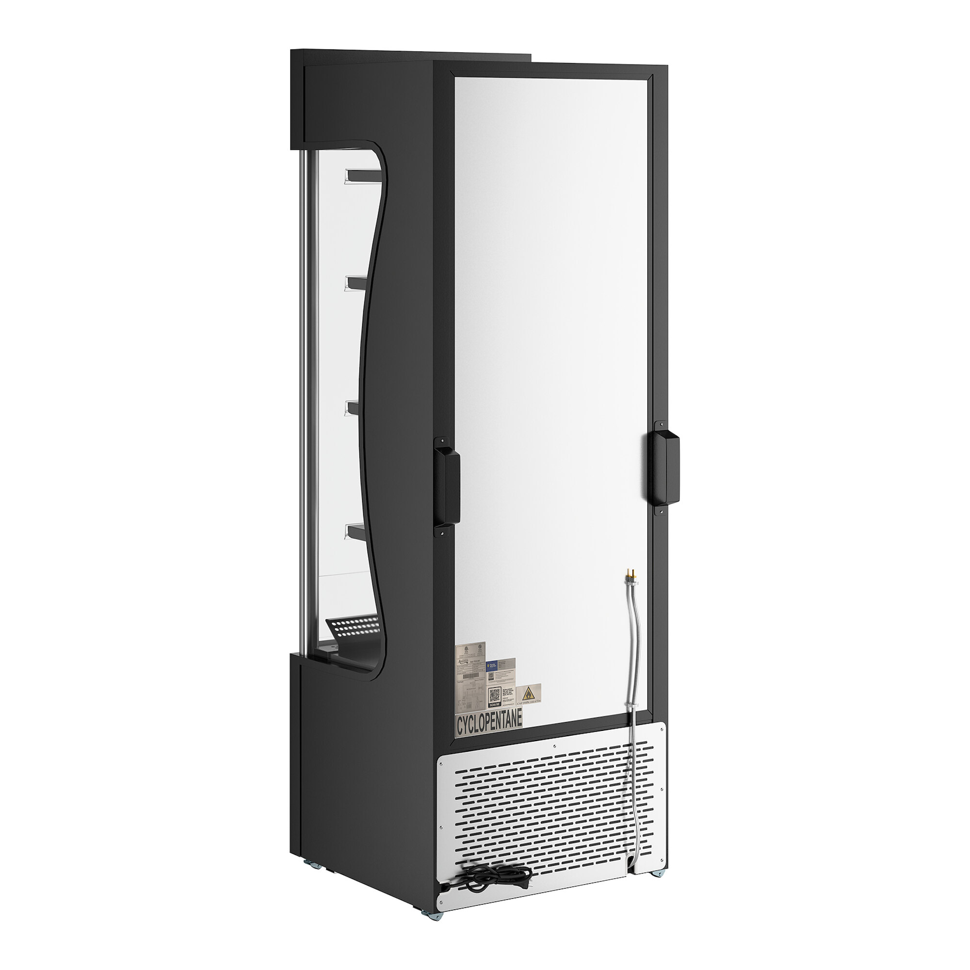 A black refrigerated air curtain merchandiser with a glass front and customizable display shelves.