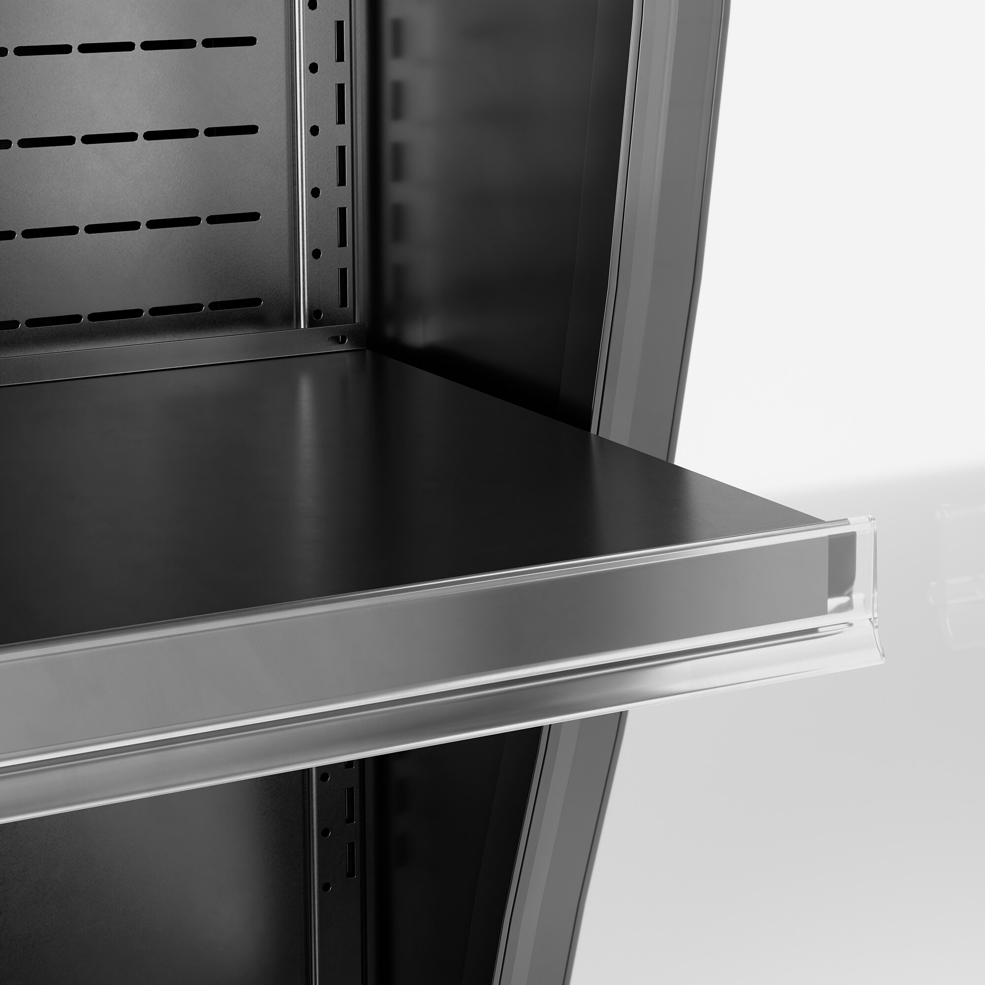 A black refrigerated air curtain merchandiser with a customizable shelf and clear front edge.