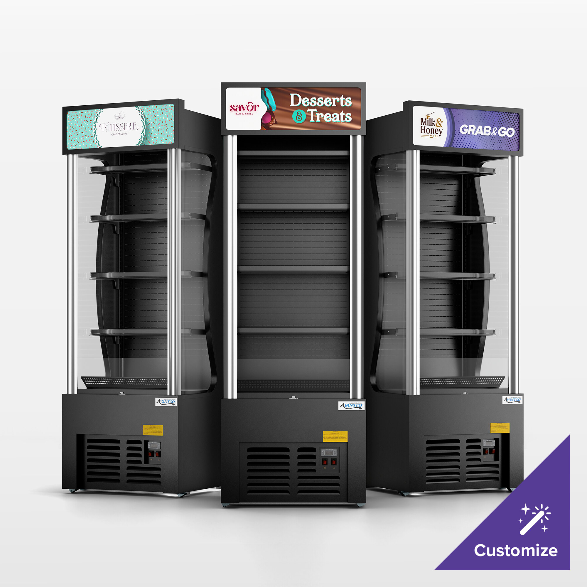 A set of three black refrigerated air curtain merchandisers with customizable signage at the top.